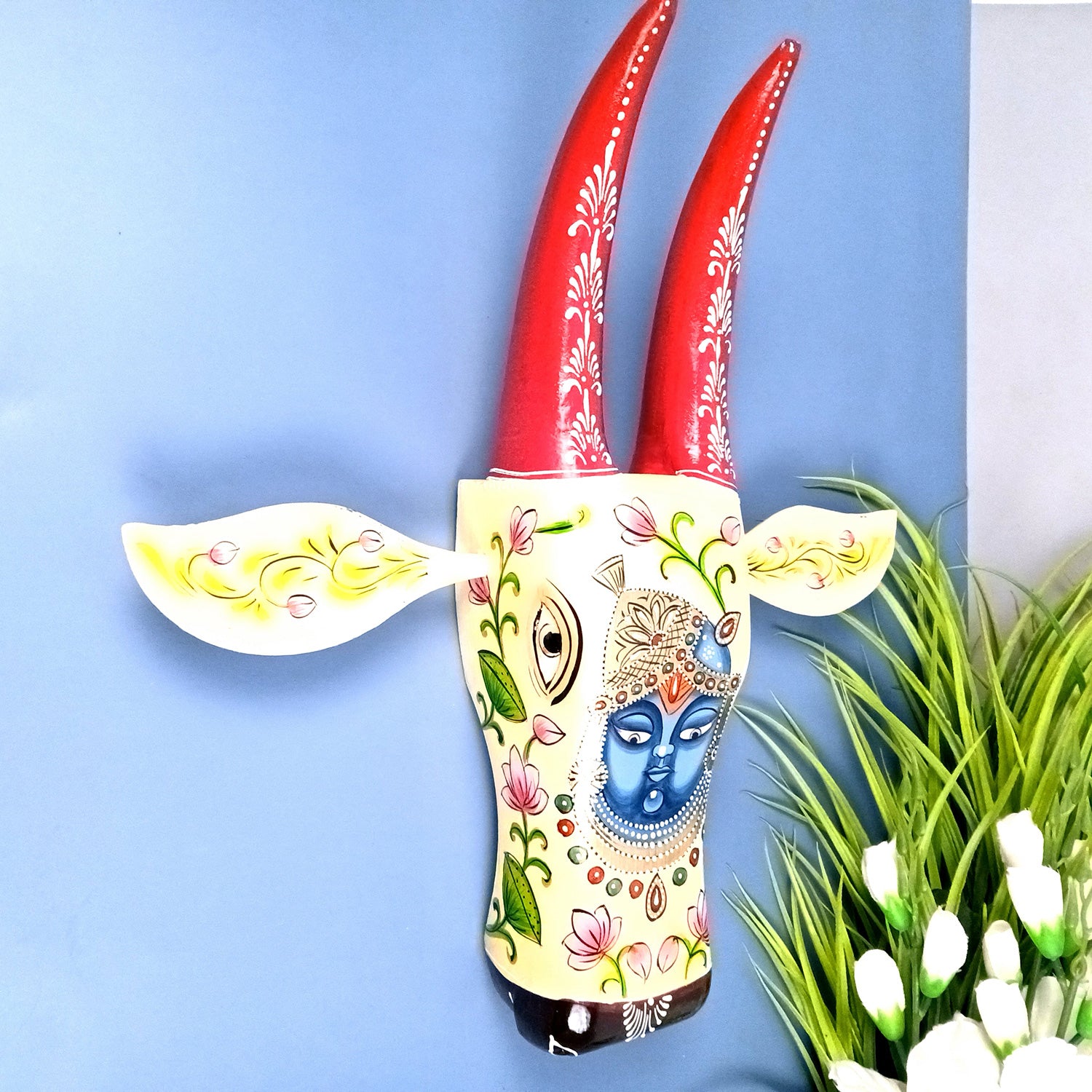 Wooden Cow Head With Shree Nath Ji Face Wall Hanging | Nandi Bull face With Detachable Ears Wall Decor - For Home, Living Room, Entrance, Puja Room & Gifts - Apkamart #Size_Big