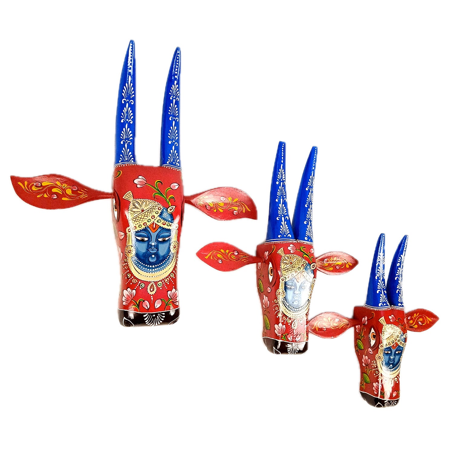 Wooden Cow Head With Shree Nath Ji Face Wall Hanging | Nandi Bull face Wall Art - For Home, Living Room, Entrance, Puja Room & Gifts - 15 Inch (Pack of 3) - Apkamart #Colour_Red