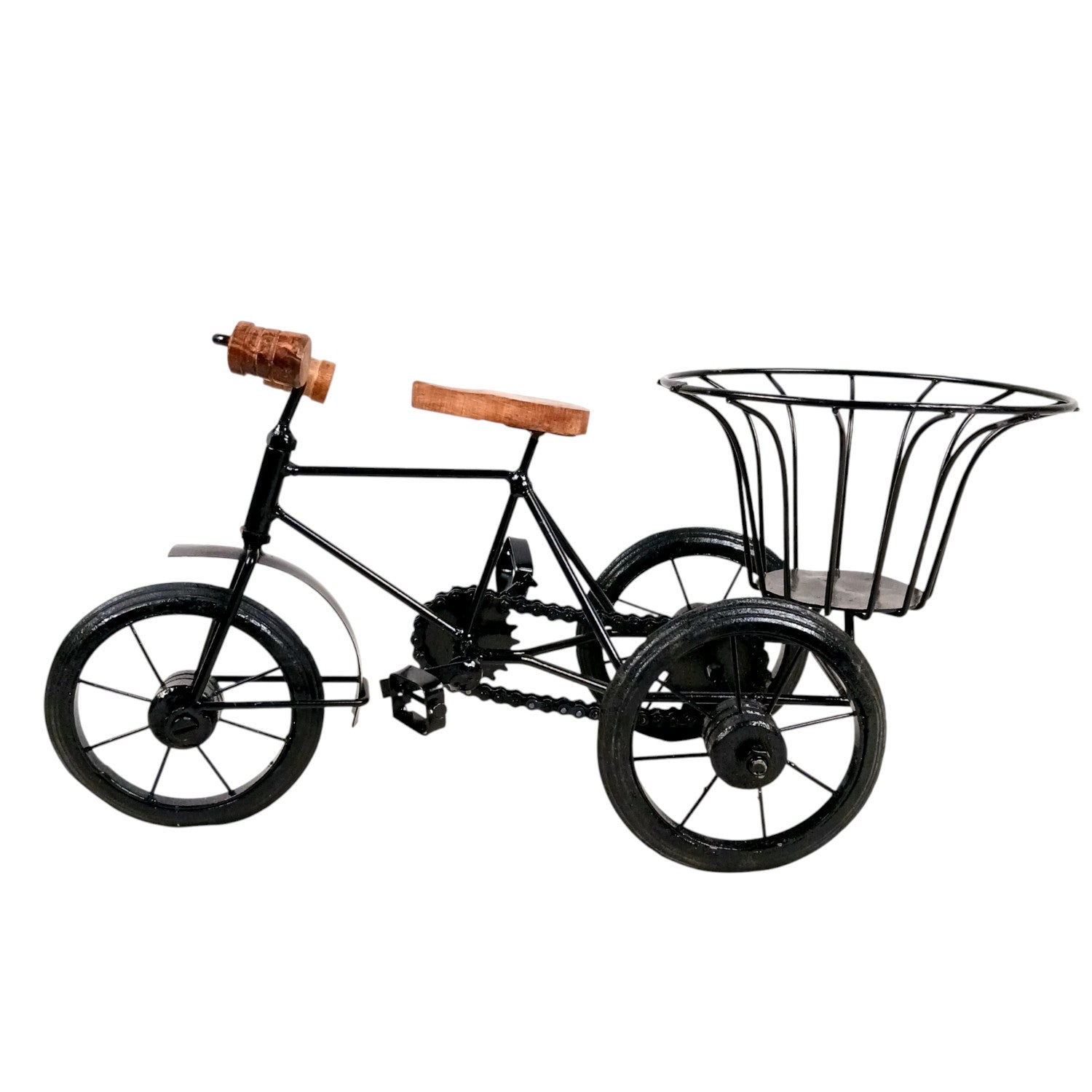 Cycle Showpiece | Antique Miniature Metal Rickshaw With Basket Showpiece - for Home Decor, Table Top, Office Desk, Living Room, Shelf & Gifts - 14 Inch - Apkamart