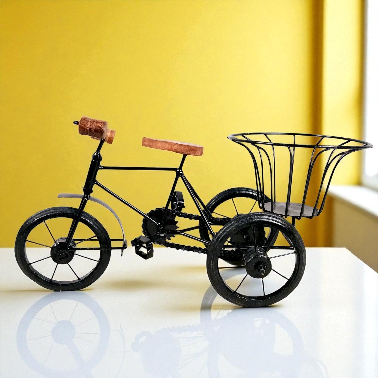 Cycle Showpiece | Antique Miniature Metal Rickshaw With Basket Showpiece - for Home Decor, Table Top, Office Desk, Living Room, Shelf & Gifts - 14 Inch - Apkamart