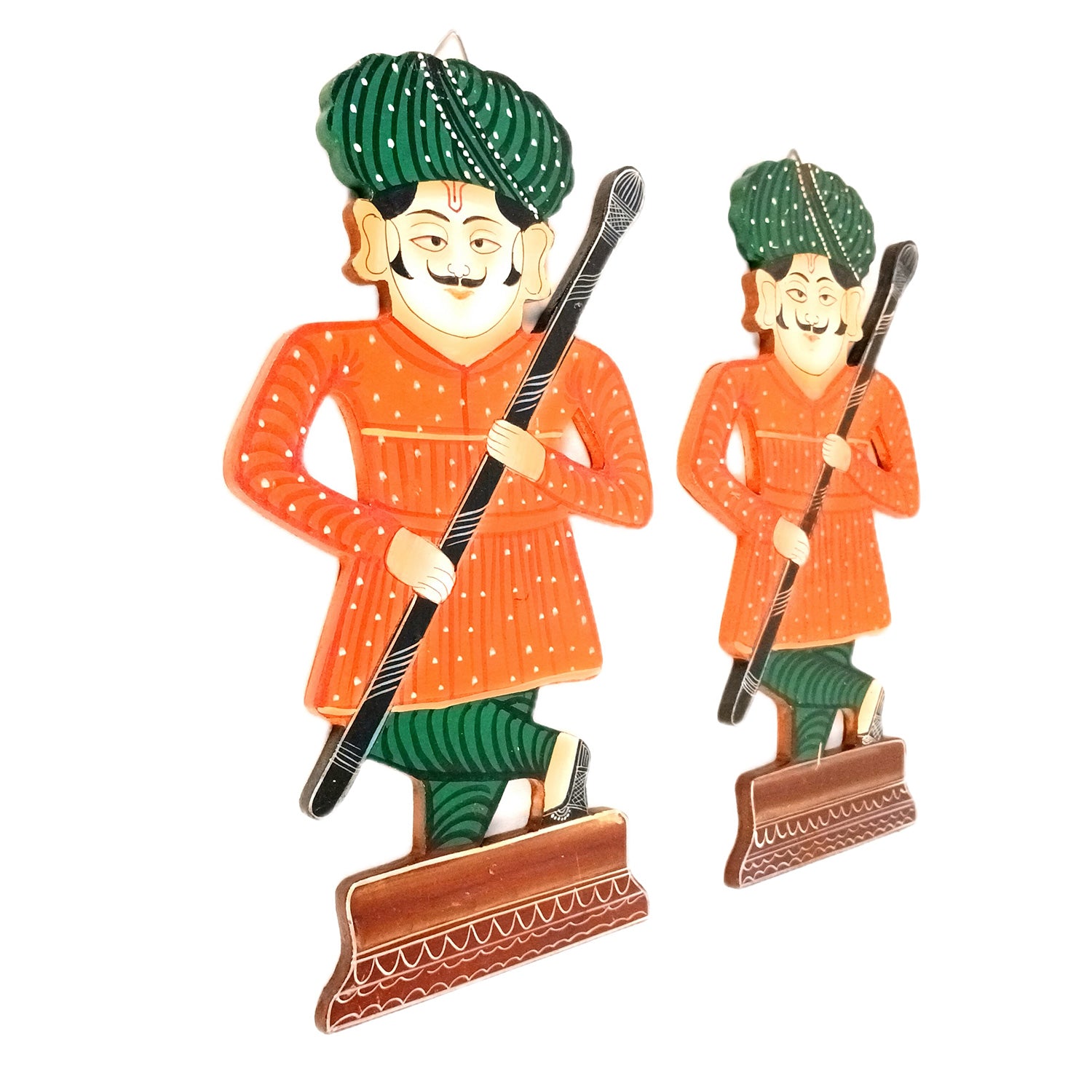 Wooden Darbaan Wall Hanging | Royal Guards Set | Rajasthani Wall Decor - for Home, Living room, Entrance Decor & Gifts - 12 Inch (Wood, Orange)