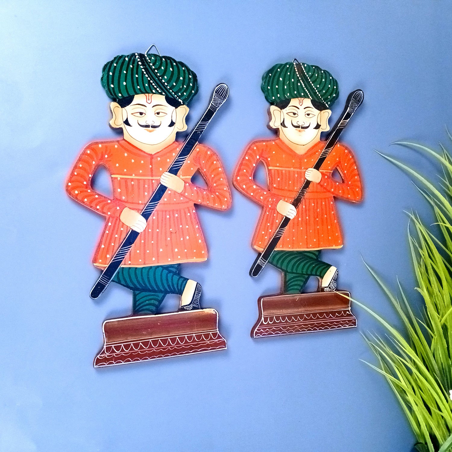 Wooden Darbaan Wall Hanging | Royal Guards Set | Rajasthani Wall Decor - for Home, Living room, Entrance Decor & Gifts - 12 Inch (Wood, Orange)
