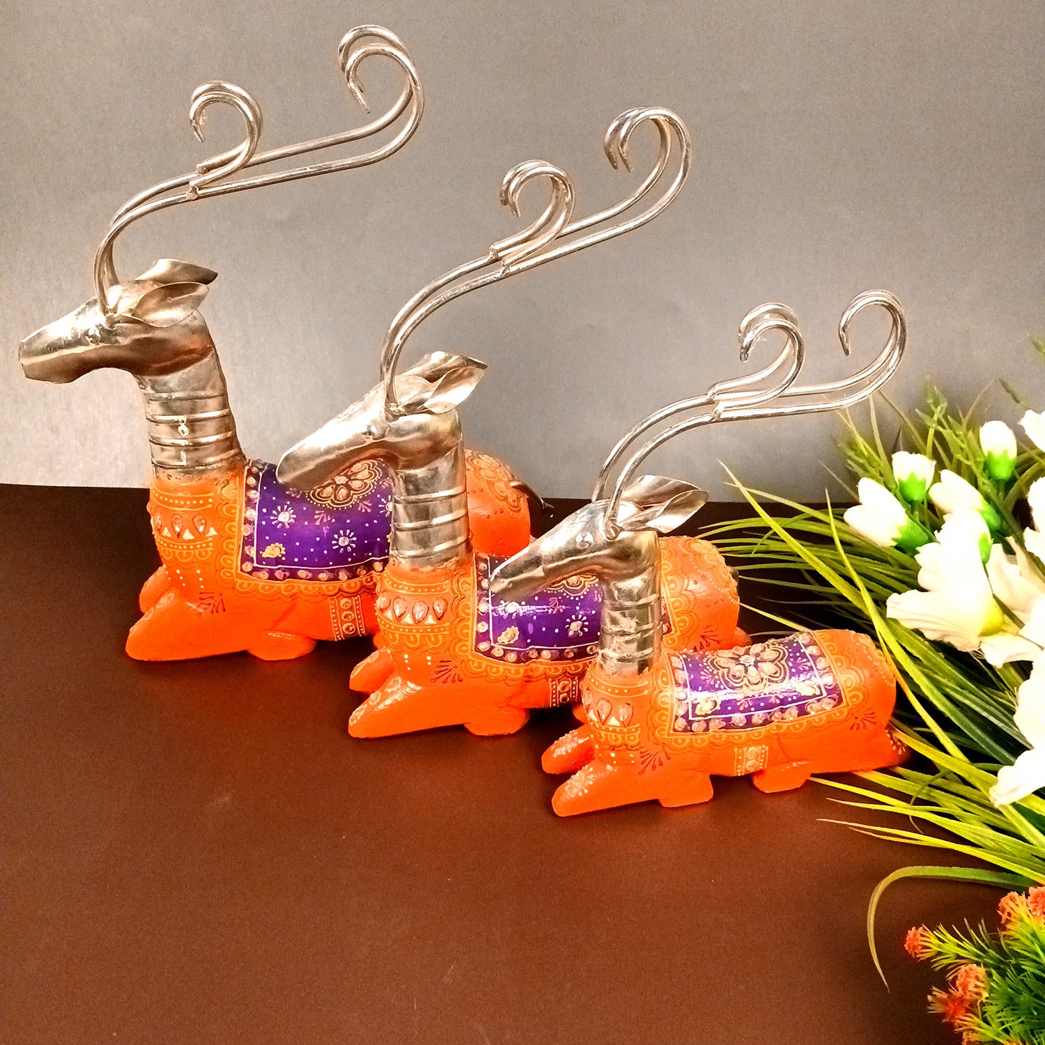 Deer Showpiece Set | Reindeer Statue | Animal Figurines - for Home Decor, Garden, Balcony, Living Room & Gifts - 14 Inch (Pack of 3) - Apkamart #Colour_Orange