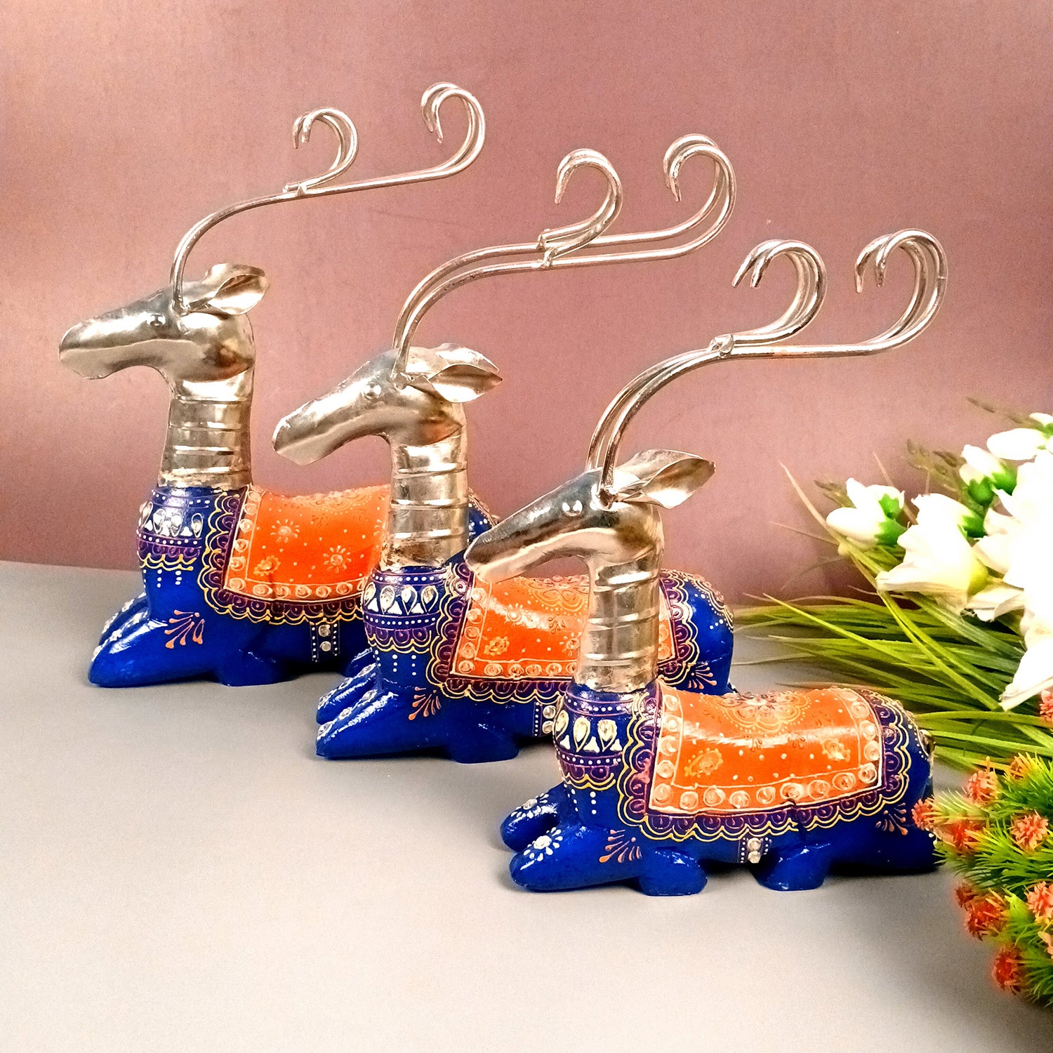 Deer Showpiece Set | Reindeer Statue | Animal Figurines - for Home Decor, Garden, Balcony, Living Room & Gifts - 14 Inch (Pack of 3) - Apkamart #Colour_Blue