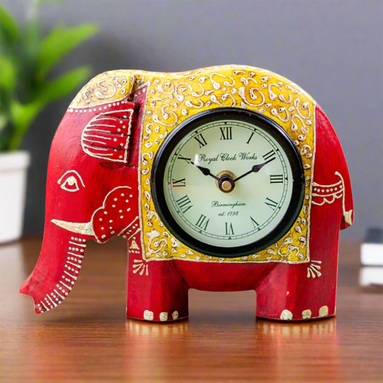 Table Clock | Wooden Elephant Showpiece With Desk Clock | Watch For Shelf & Office Tables - For Home, Living Room, Study Table, Desk, Office Decor & Gifts - 6 Inch - Apkamart