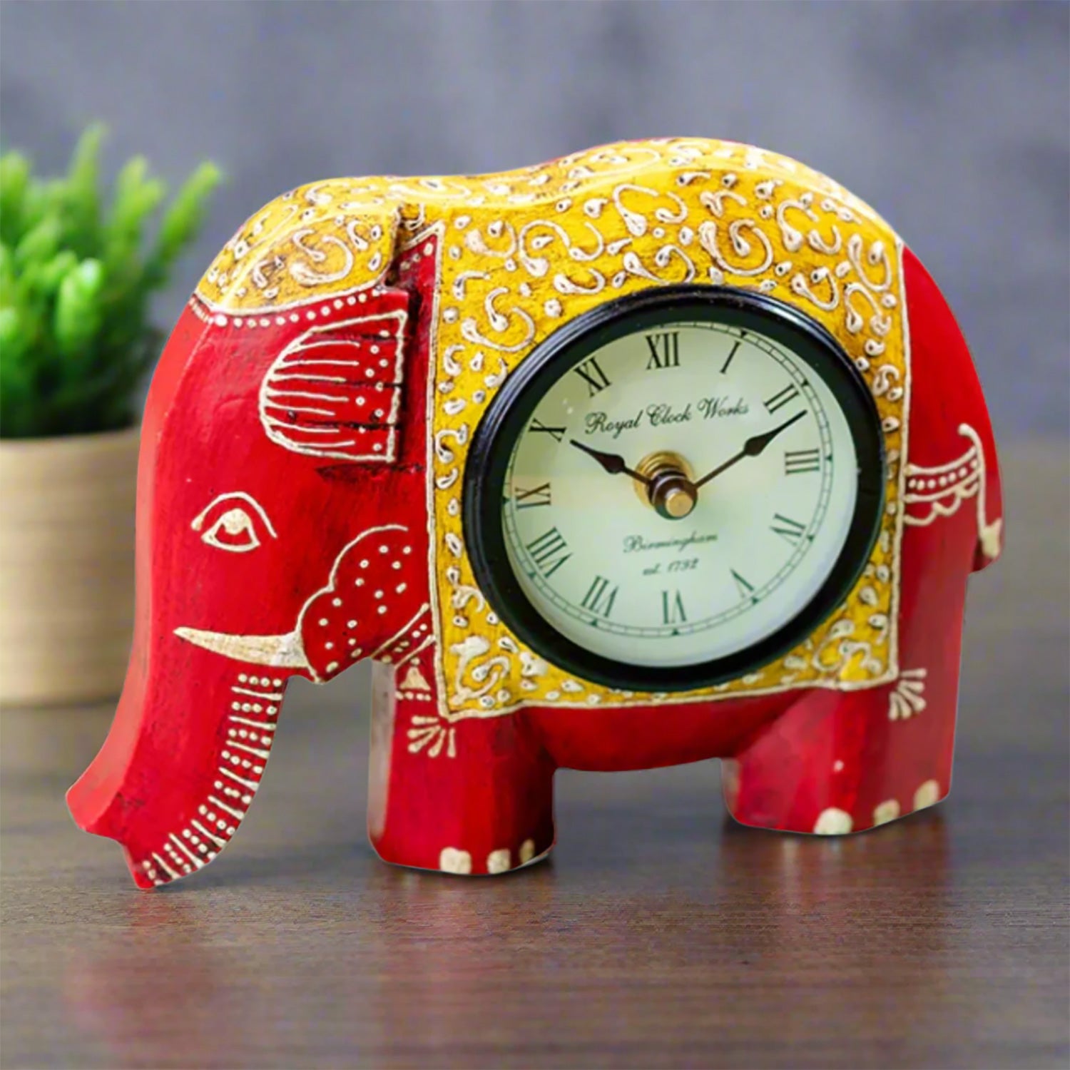 Table Clock | Wooden Elephant Showpiece With Desk Clock | Watch For Shelf & Office Tables - For Home, Living Room, Study Table, Desk, Office Decor & Gifts - 6 Inch - Apkamart