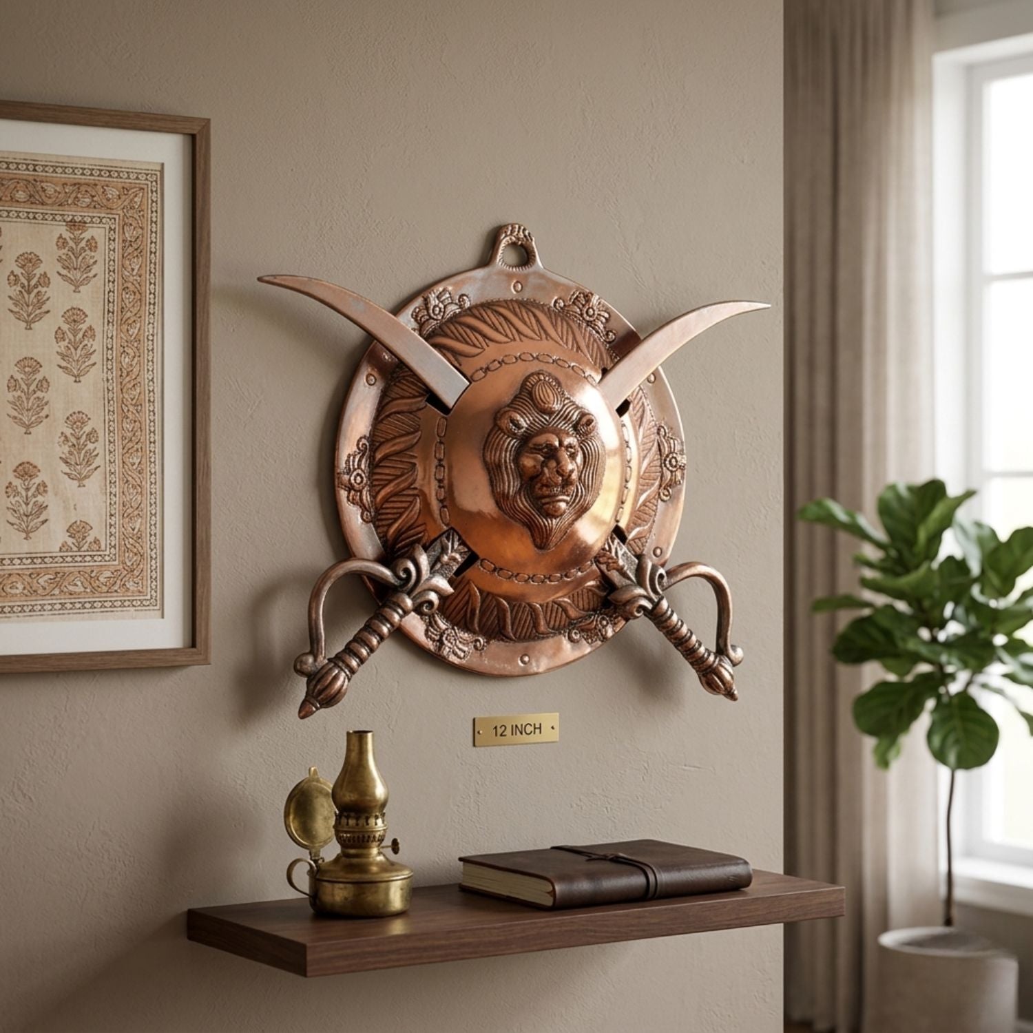 Dhal Talwar Wall Hanging Set | Sword & Shield Wall Mount - Lion Design - For Home, Living Room, Wall Decoration - 12 Inch- Apkamart