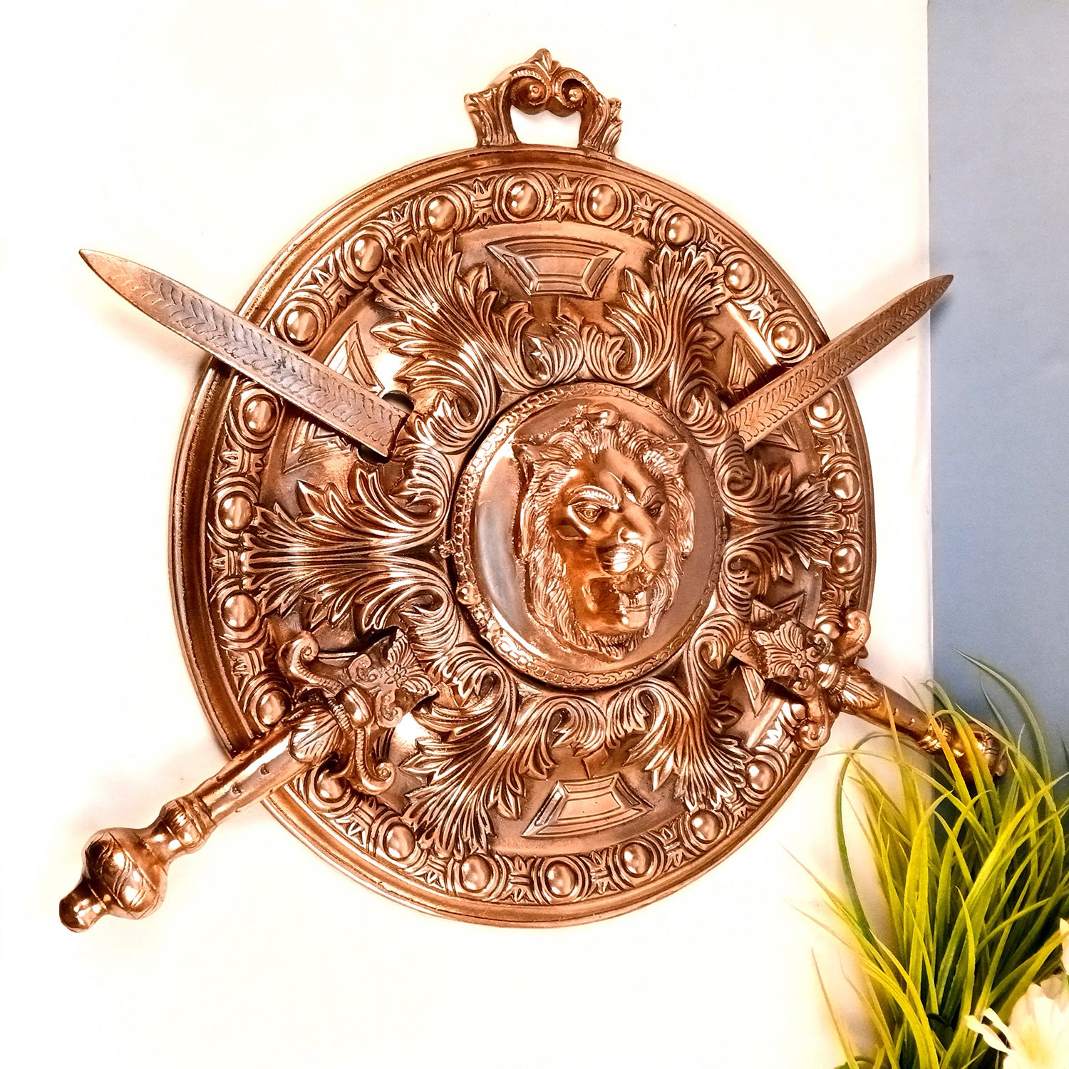 Dhal Talwar Wall Hanging - Lion Design | Sword & Shield Wall Mount Hangings - For Home, Living Room, Wall Decor & Gifts - 25 Inch - Apkamart