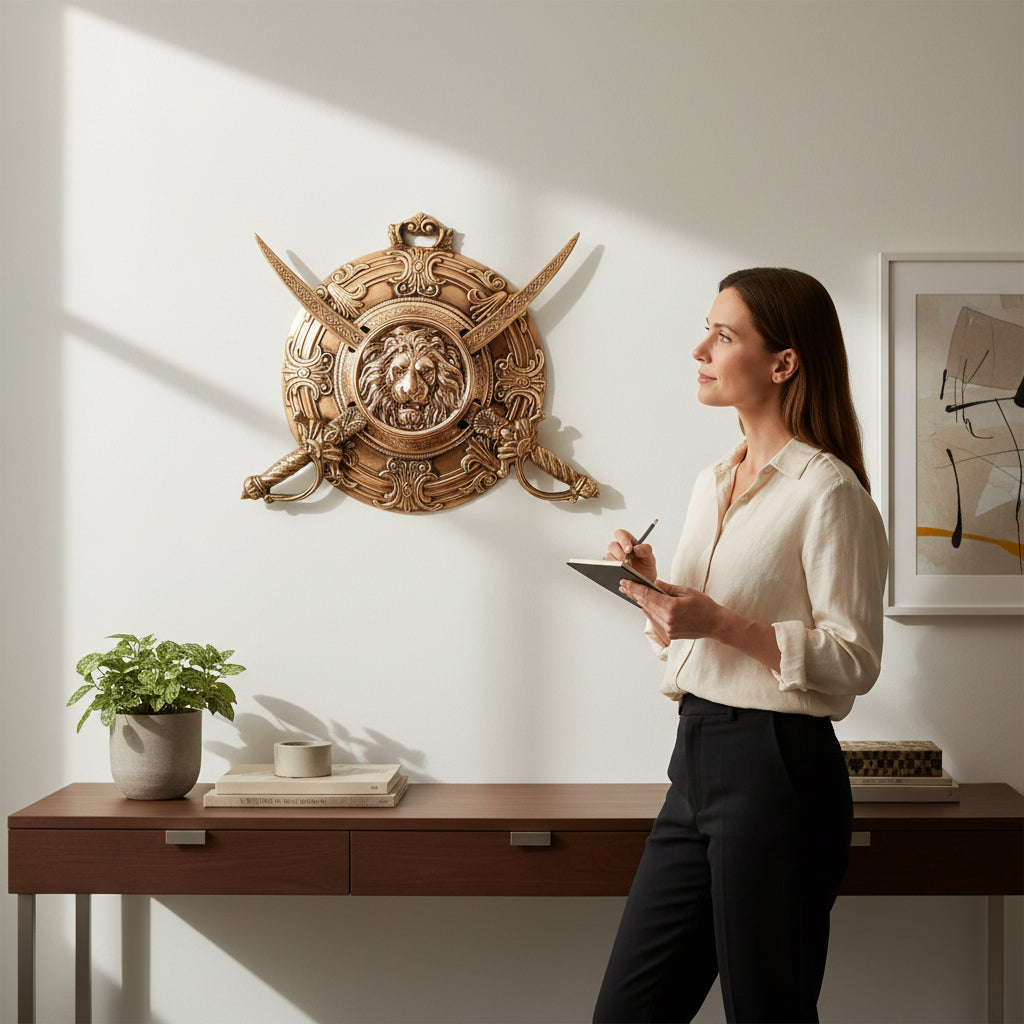 Lion Face Design Dhal Talwar Wall Hanging | Decorative Alloy Sword & Shield Wall Art | Traditional Warrior Showpiece for Home, Living Room, Office & Mandir Decor - 17 Inch - Apkamart