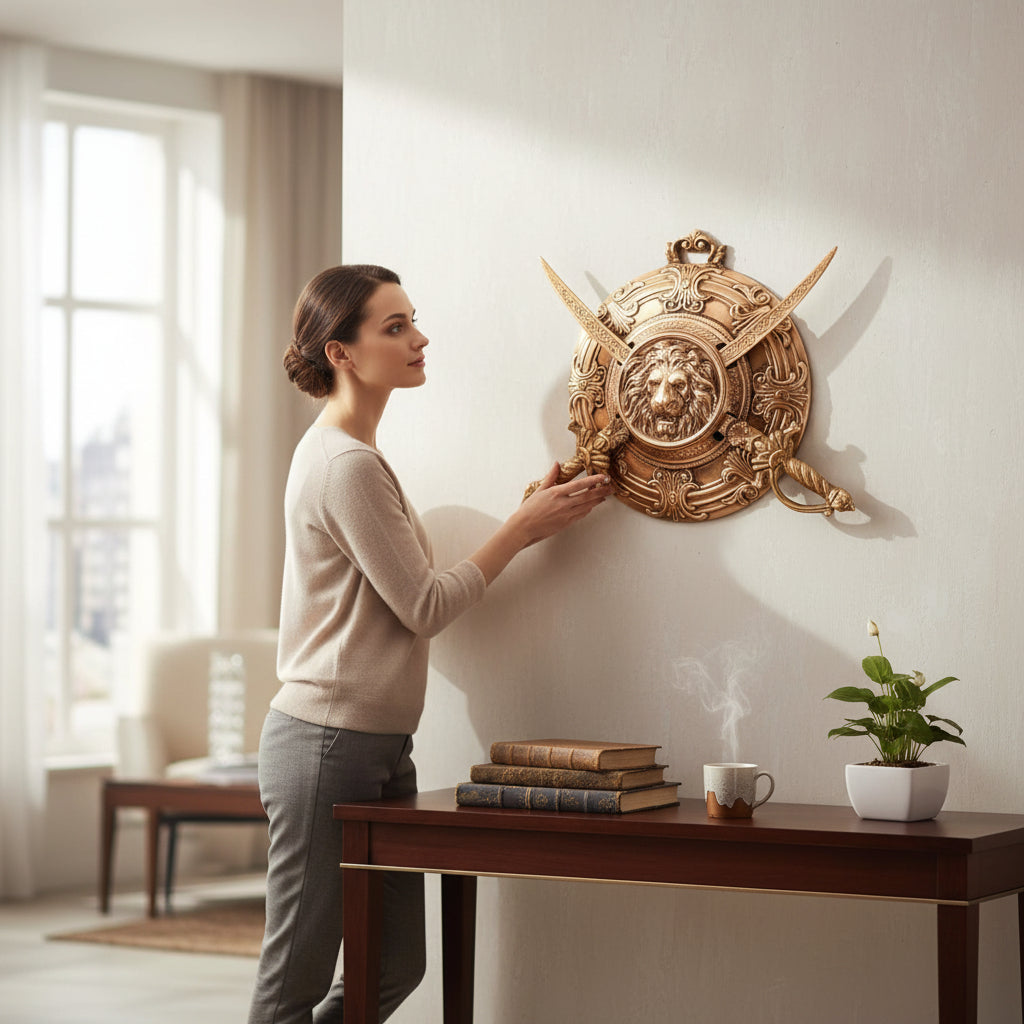 Lion Face Design Dhal Talwar Wall Hanging | Decorative Alloy Sword & Shield Wall Art | Traditional Warrior Showpiece for Home, Living Room, Office & Mandir Decor - 17 Inch - Apkamart