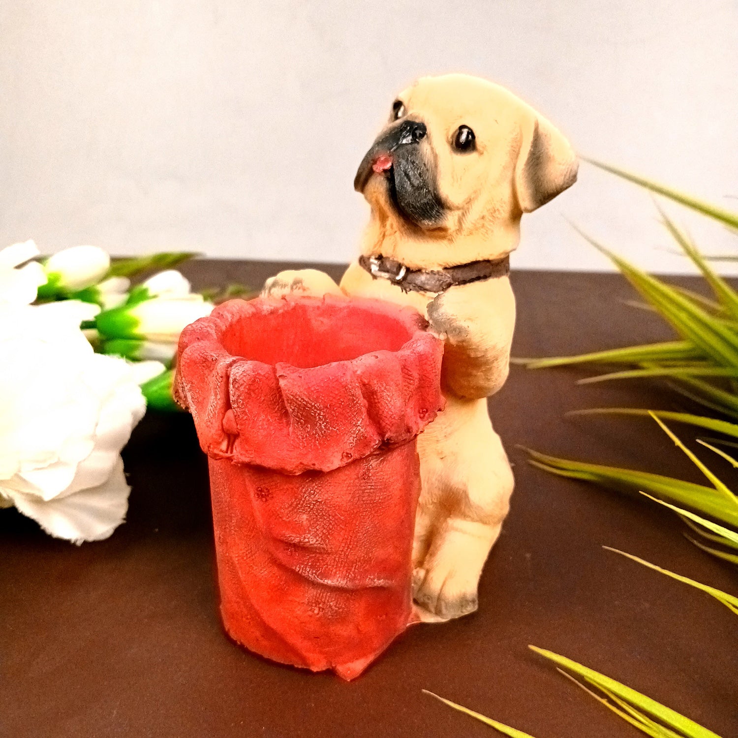 Cute Dog Decorative Pen Pencil Holder / Cutlery Stand | Dog Holding Basket Showpiece - for Kids Study Table, office Desk, Home Decor & Gifts - 6 Inch - Apkamart #Style_Design 1