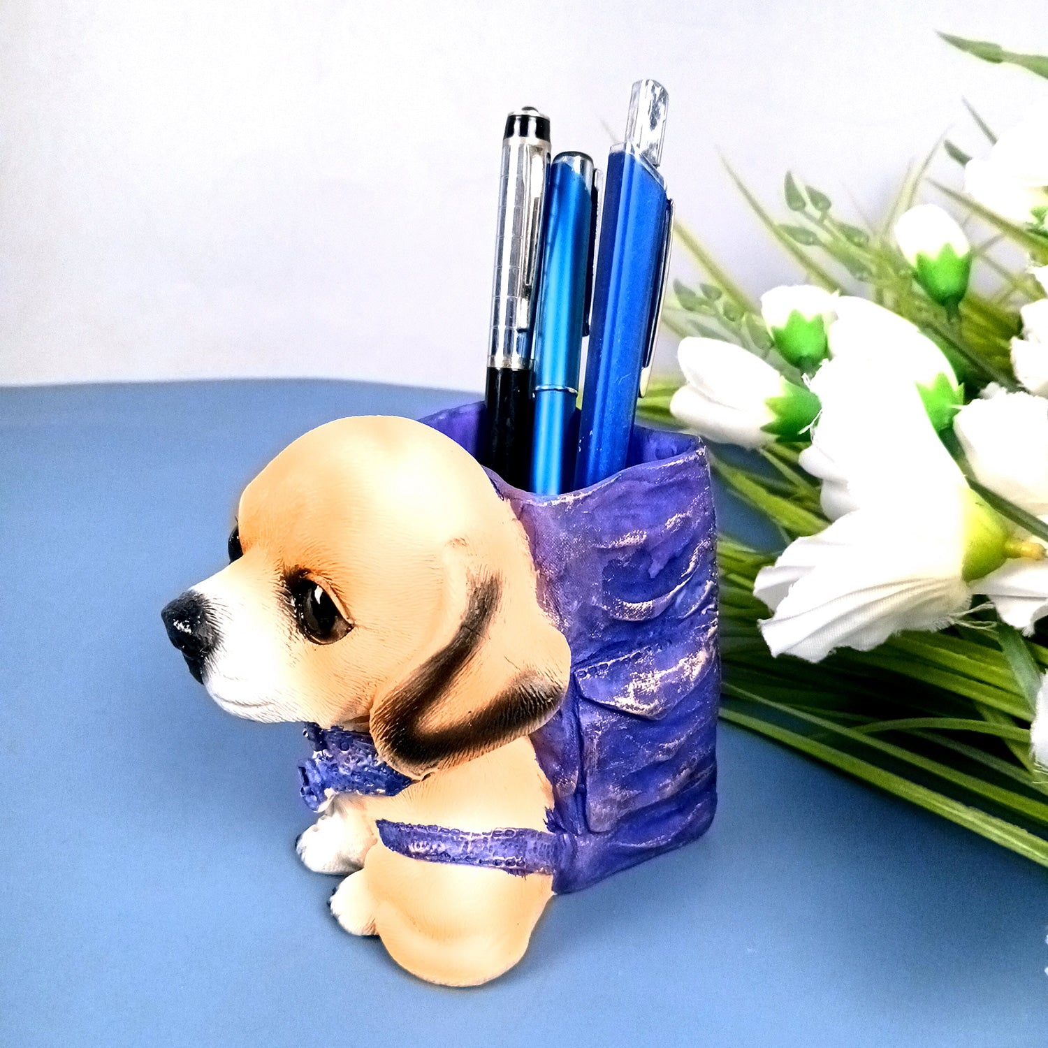 Cute Dog Decorative Pen Pencil Holder / Cutlery Stand | Dog Holding Basket Showpiece | Multipurpose Organizer - for Kids Study Table, office Desk, Home Decor & Gifts - 5 Inch - Apkamart #Style_Design 1
