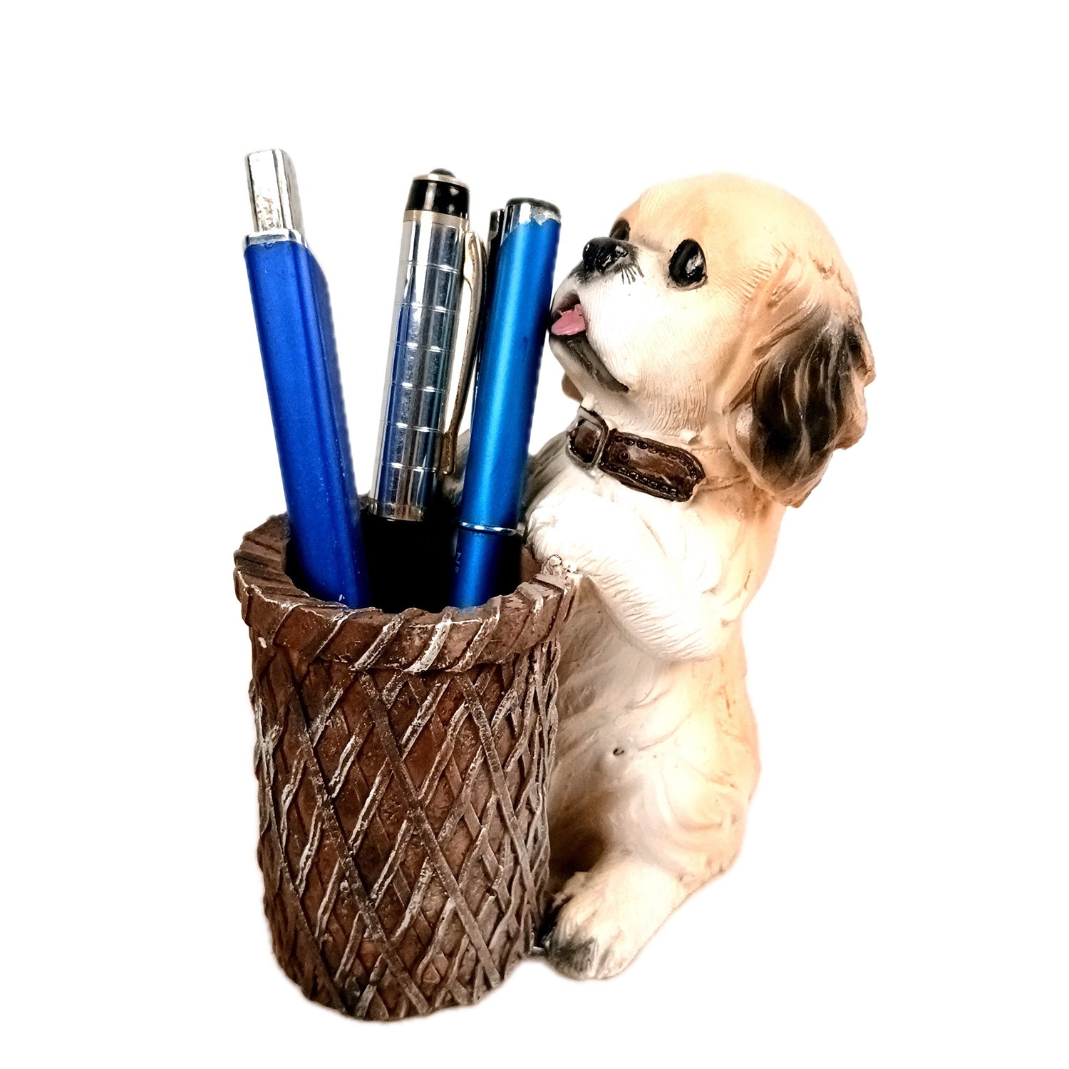Cute Dog Decorative Pen Pencil Holder / Cutlery Stand | Dog Holding Basket Showpiece - for Kids Study Table, office Desk, Home Decor & Gifts - 6 Inch - Apkamart #Style_Design 4