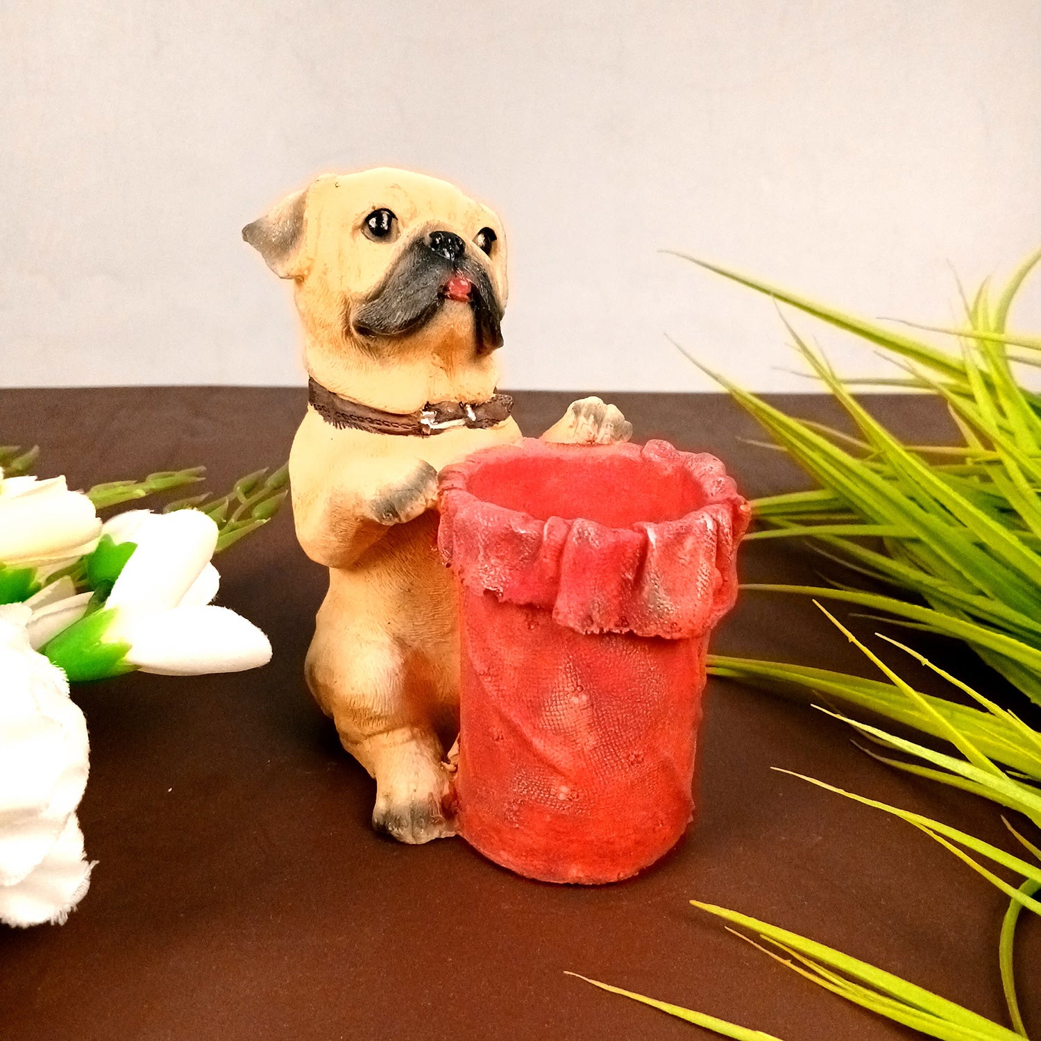 Cute Dog Decorative Pen Pencil Holder / Cutlery Stand | Dog Holding Basket Showpiece - for Kids Study Table, office Desk, Home Decor & Gifts - 6 Inch - Apkamart #Style_Design 1
