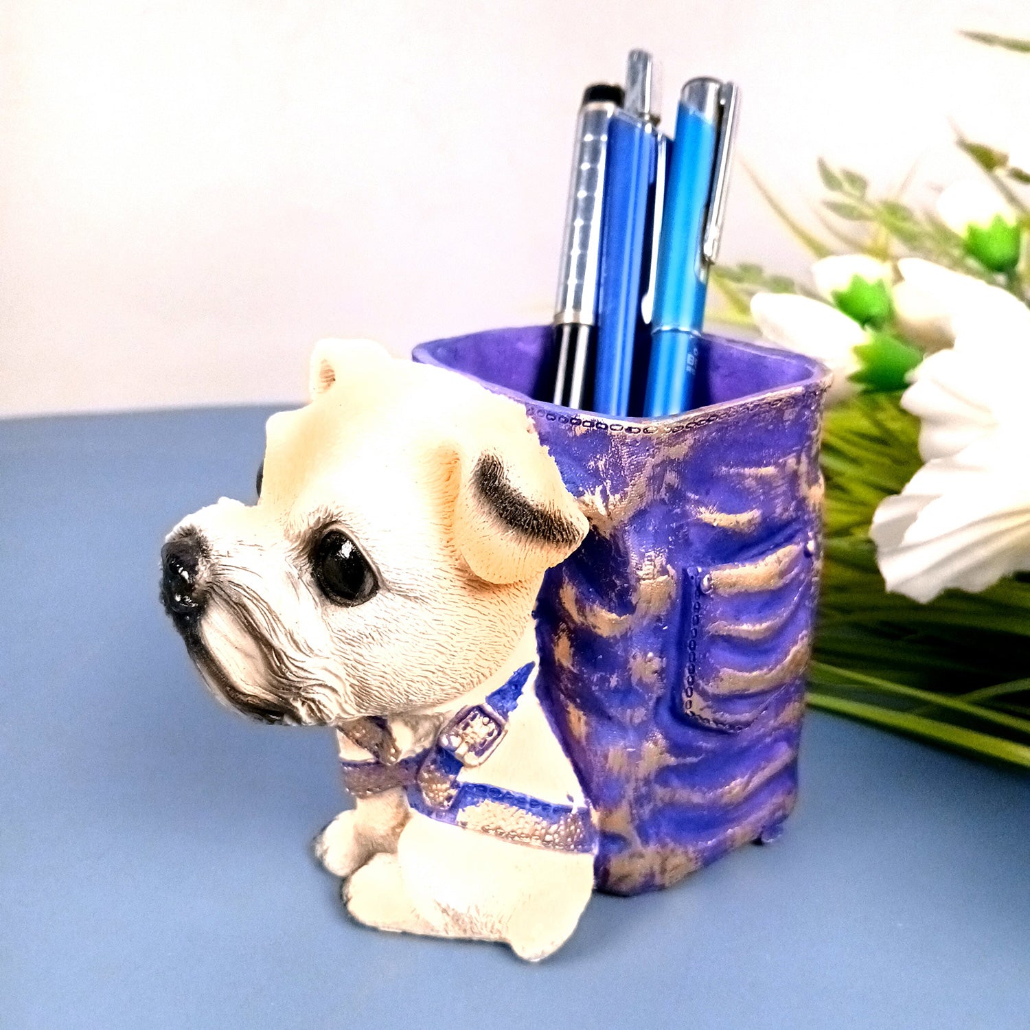 Cute Dog Decorative Pen Pencil Holder / Cutlery Stand | Dog Holding Basket Showpiece | Multipurpose Organizer - for Kids Study Table, office Desk, Home Decor & Gifts - 5 Inch - Apkamart #Style_Design 4