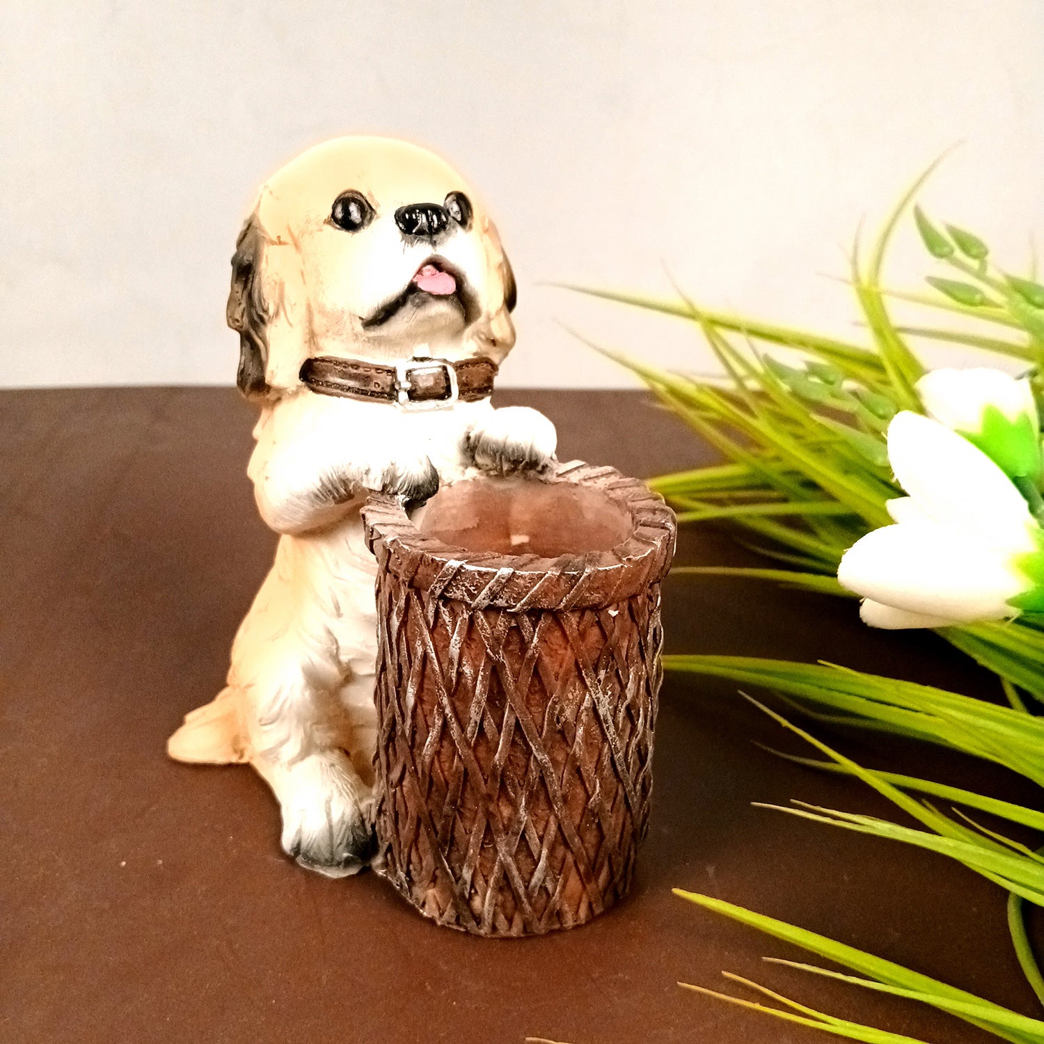 Cute Dog Decorative Pen Pencil Holder / Cutlery Stand | Dog Holding Basket Showpiece - for Kids Study Table, office Desk, Home Decor & Gifts - 6 Inch - Apkamart #Style_Design 4