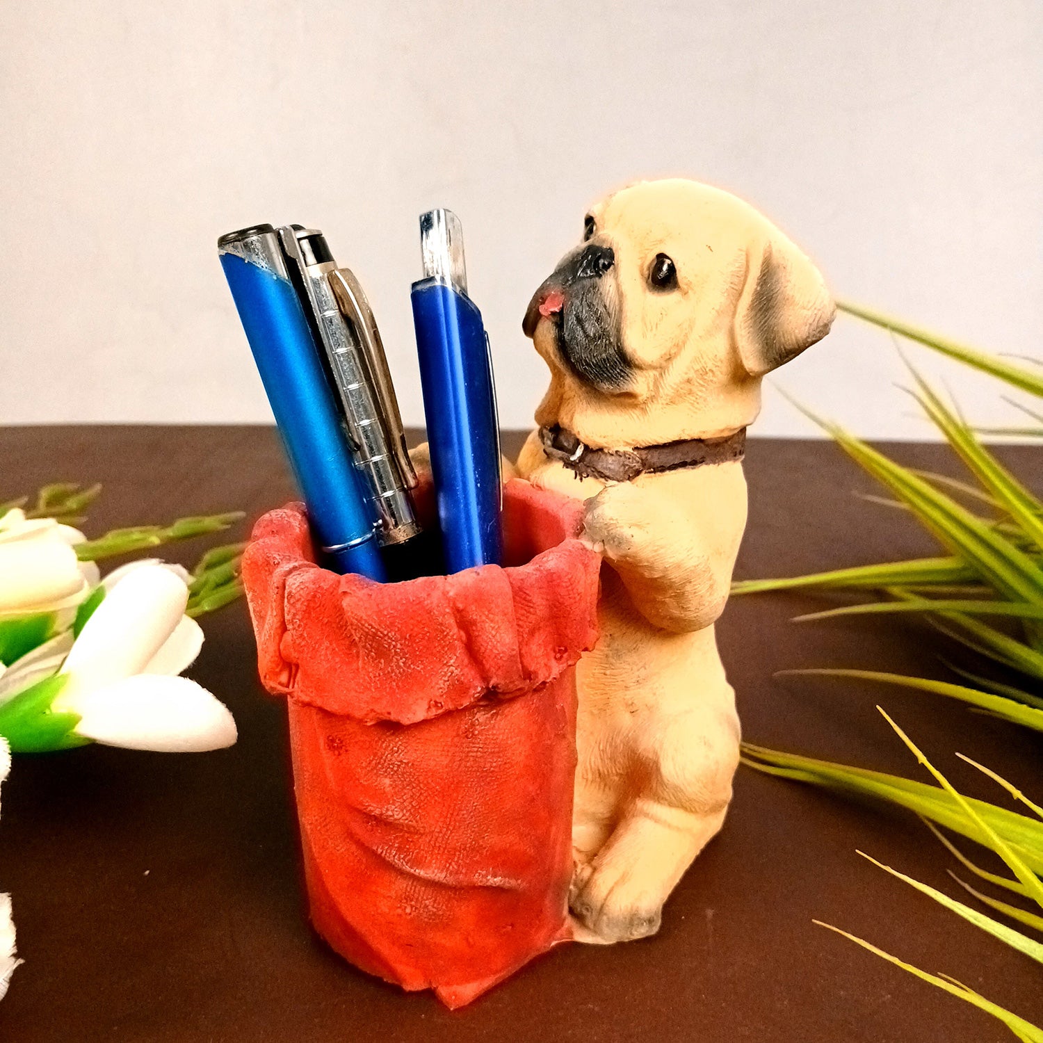 Cute Dog Decorative Pen Pencil Holder / Cutlery Stand | Dog Holding Basket Showpiece - for Kids Study Table, office Desk, Home Decor & Gifts - 6 Inch - Apkamart #Style_Design 1