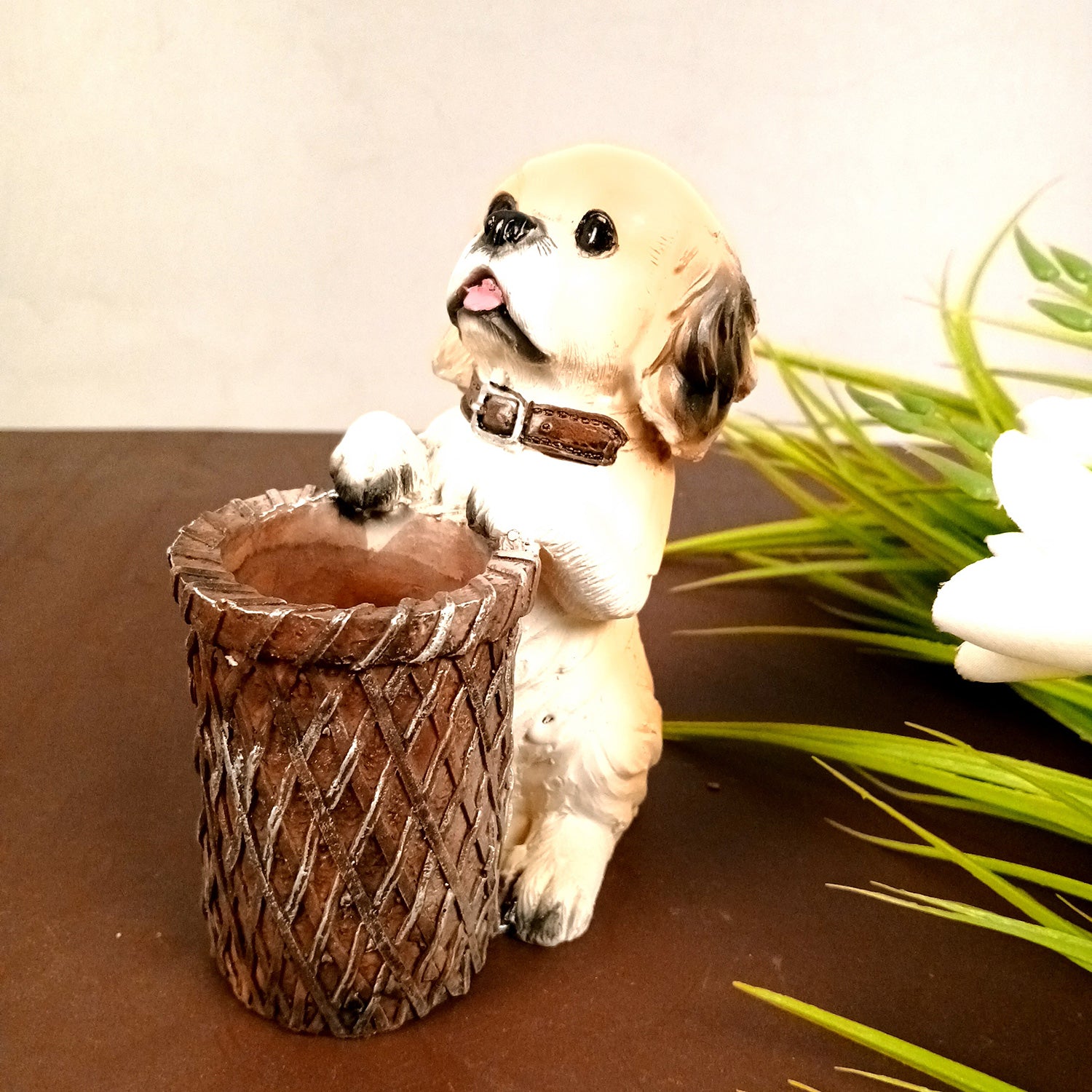 Cute Dog Decorative Pen Pencil Holder / Cutlery Stand | Dog Holding Basket Showpiece - for Kids Study Table, office Desk, Home Decor & Gifts - 6 Inch - Apkamart #Style_Design 4