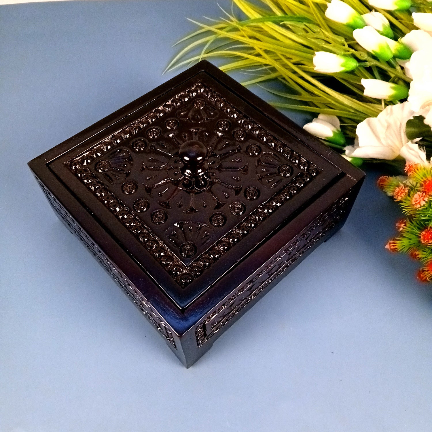 Wooden Dry Fruit Box with Lid | Mukhwas Bowl with Four Compartments - for Kitchen, Serving, Home, Dining Table Decor & Diwali Gifts - 8 Inch (Wood, Brown) - Apkamart