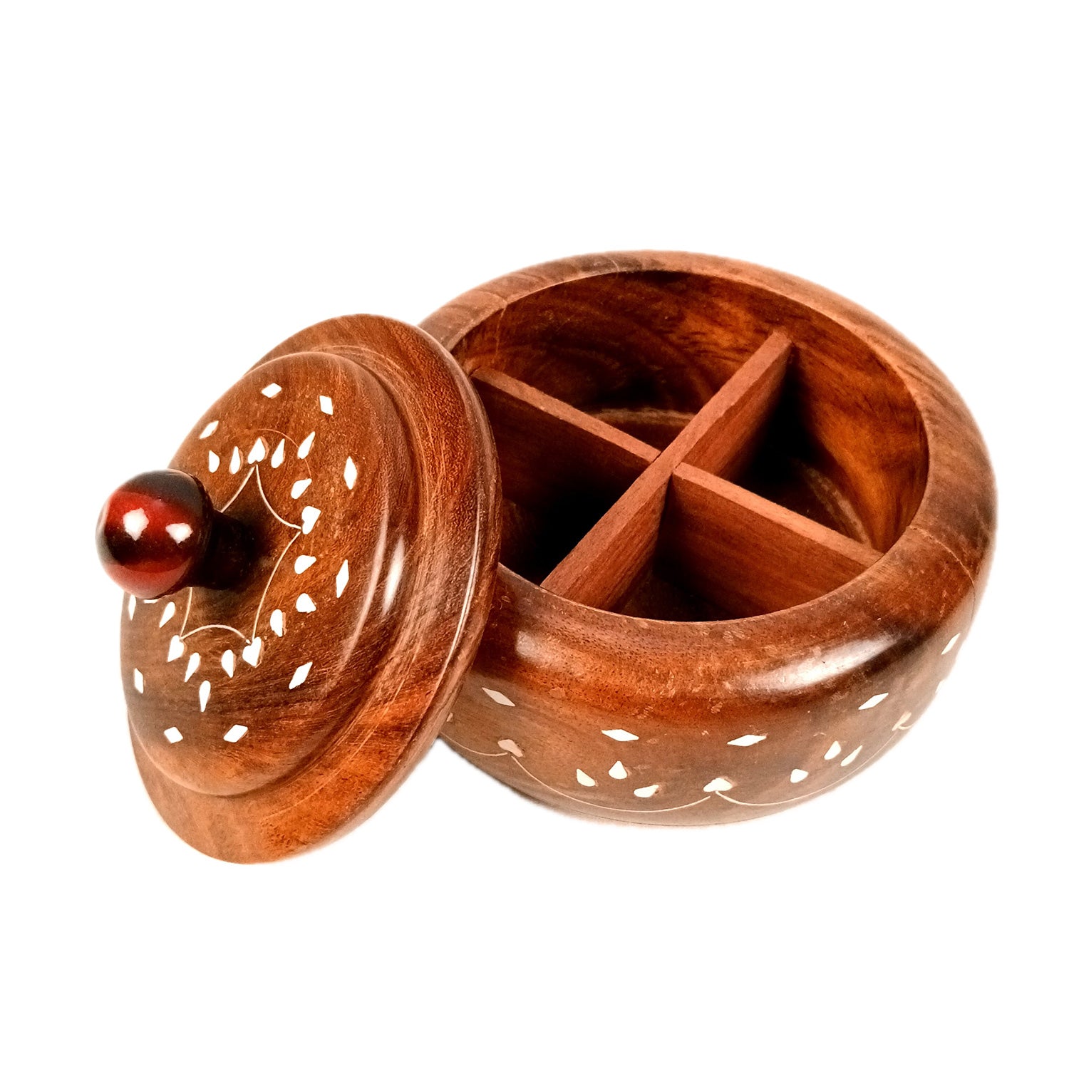 Wooden Dry Fruit Box with Lid | Mukhwas Bowl with Four Compartments - for Kitchen, Serving, Home, Dining Table Decor & Diwali Gifts - 6 Inch - Apkamart