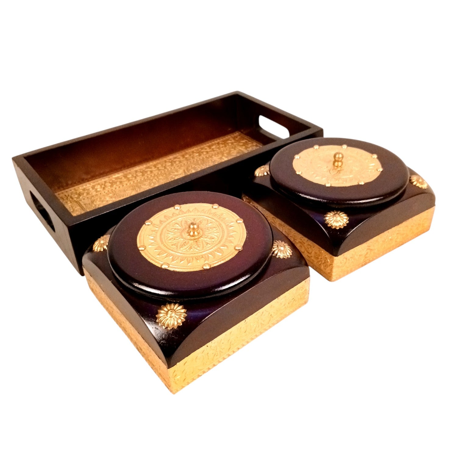 Dry Fruit Box | Brass Tray with Steel Bowls | Multipurpose Serving Box for Dry Fruits, Snacks, Sweets & Gifting – Removable & Washable Steel Bowls - 12 Inch - Apkamart