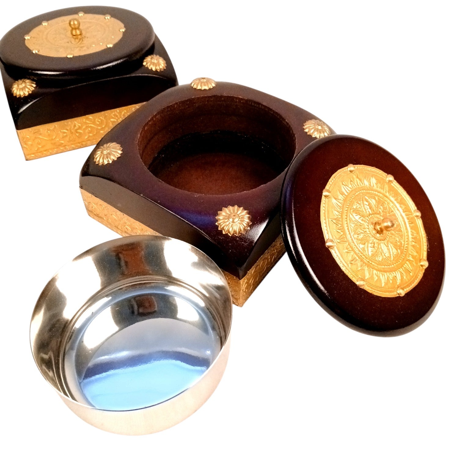 Dry Fruit Box | Brass Tray with Steel Bowls | Multipurpose Serving Box for Dry Fruits, Snacks, Sweets & Gifting – Removable & Washable Steel Bowls - 12 Inch - Apkamart