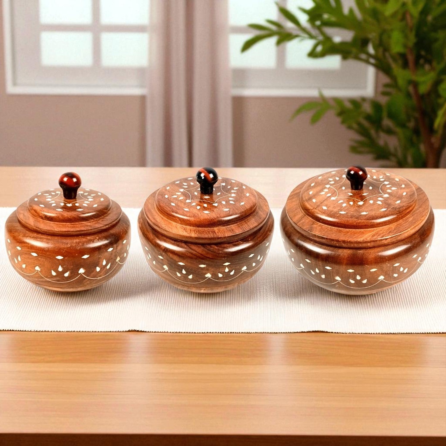 Wooden Dry Fruit Box with Lid | Mukhwas Bowl with Four Compartments - for Kitchen, Serving, Home, Dining Table Decor & Diwali Gifts - 8 Inch (Set Of 3) - Apkamart