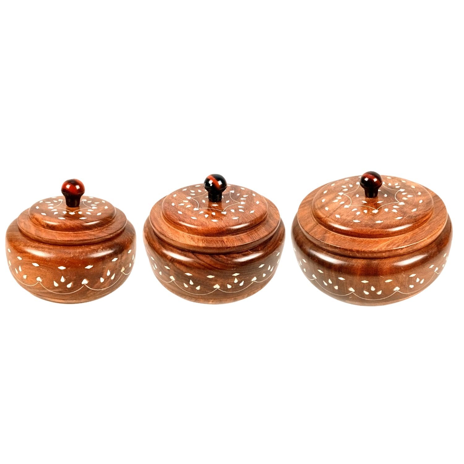 Wooden Dry Fruit Box with Lid | Mukhwas Bowl with Four Compartments - for Kitchen, Serving, Home, Dining Table Decor & Diwali Gifts - 8 Inch (Set Of 3) - Apkamart