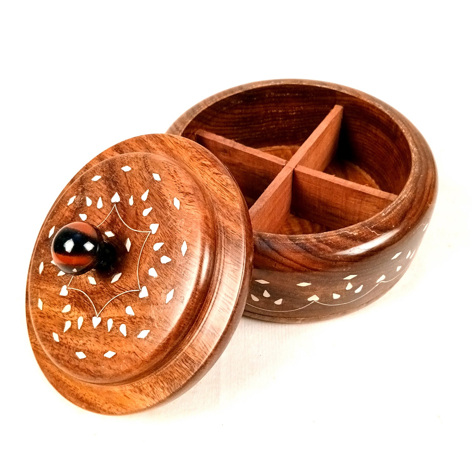 Wooden Dry Fruit Box with Lid | Mukhwas Bowl with Four Compartments - for Kitchen, Serving, Home, Dining Table Decor & Diwali Gifts - 7 Inch - Apkamart