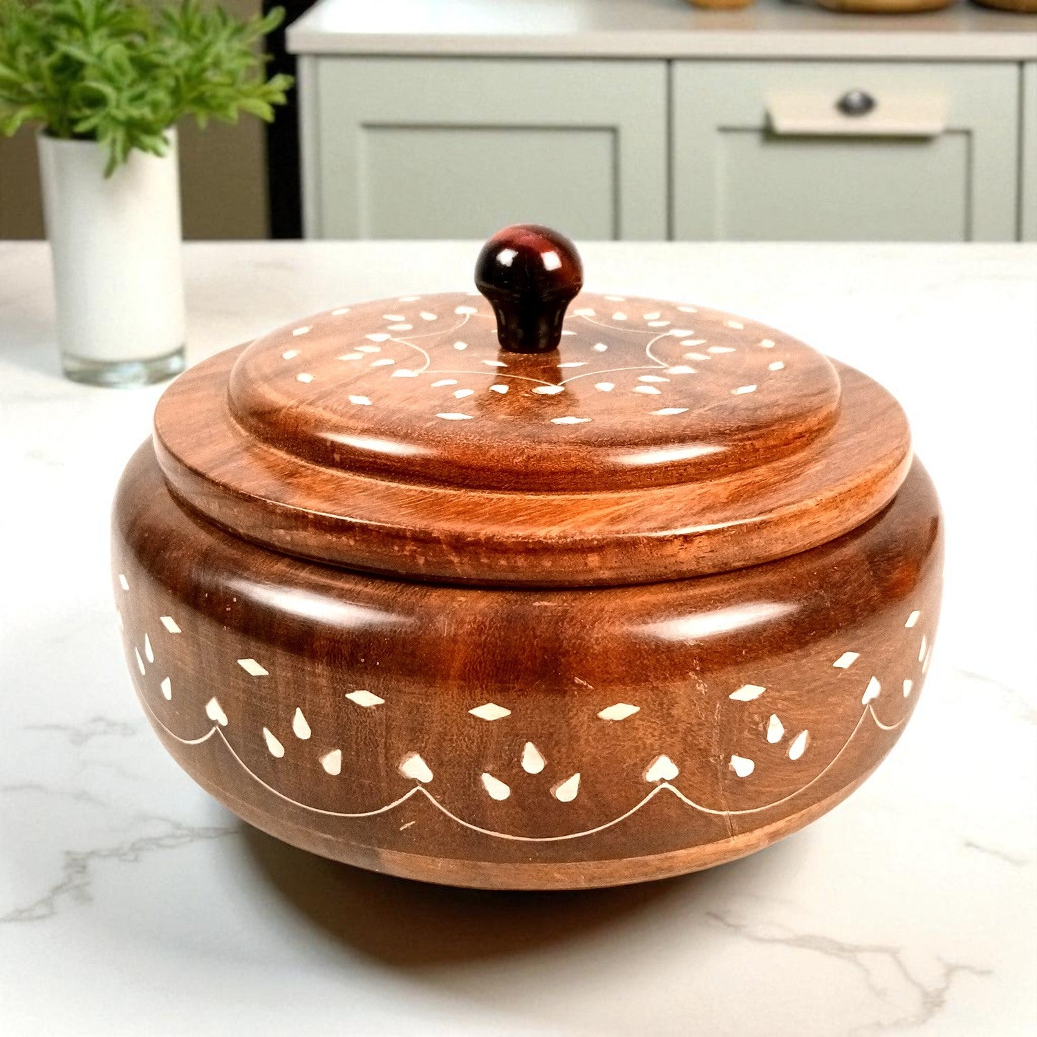 Wooden Dry Fruit Box with Lid | Mukhwas Bowl with Four Compartments - for Kitchen, Serving, Home, Dining Table Decor & Diwali Gifts - 8 Inch - Apkamart