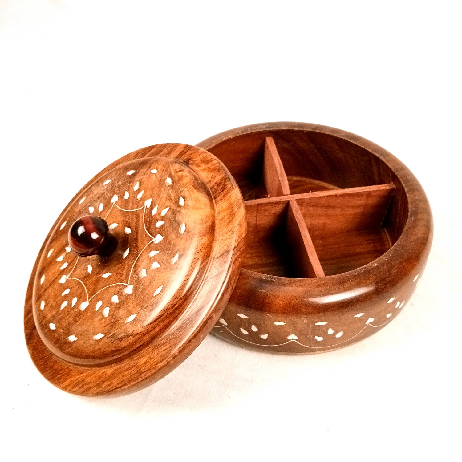 Wooden Dry Fruit Box with Lid | Mukhwas Bowl with Four Compartments - for Kitchen, Serving, Home, Dining Table Decor & Diwali Gifts - 8 Inch - Apkamart