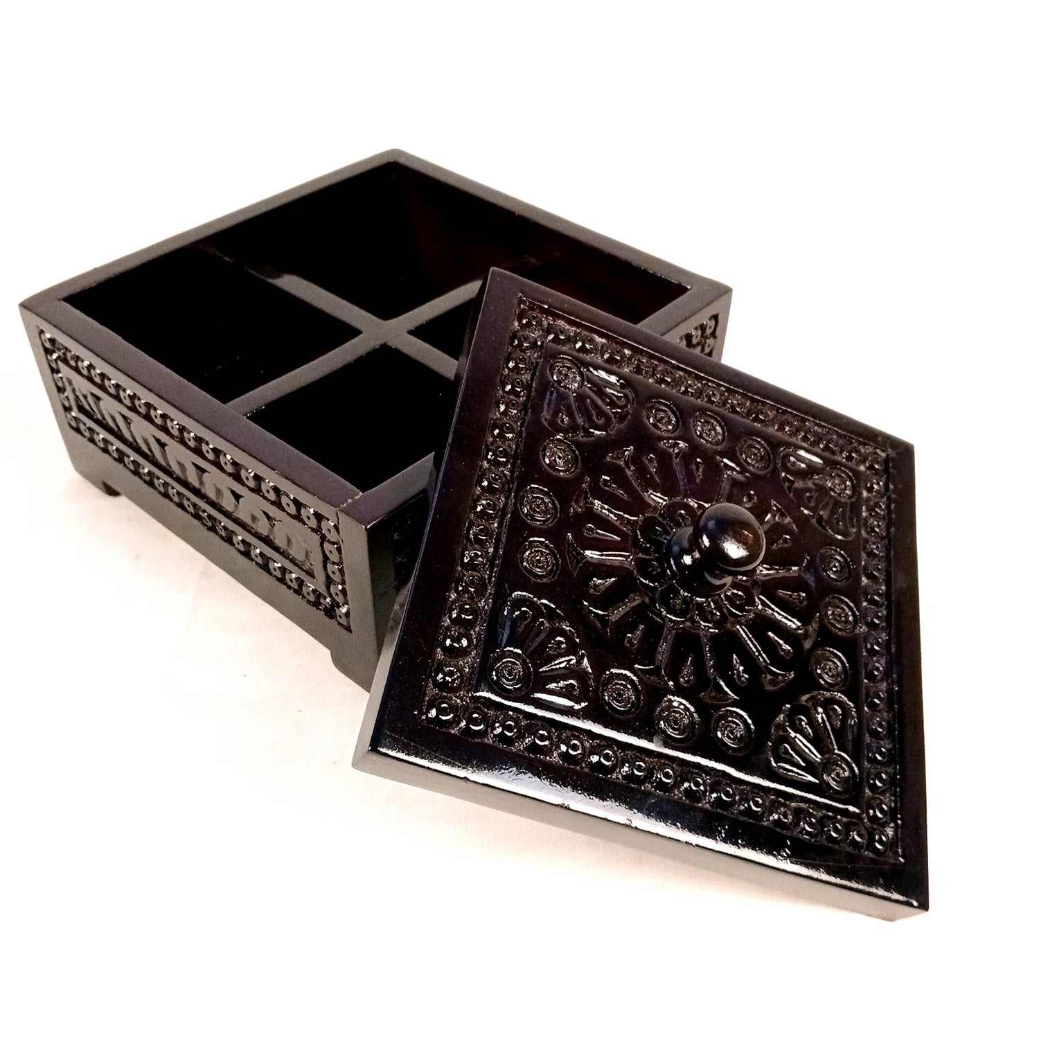 Wooden Dry Fruit Box with Lid | Mukhwas Bowl with Four Compartments - for Kitchen, Serving, Home, Dining Table Decor & Diwali Gifts - 8 Inch (Wood, Brown) - Apkamart