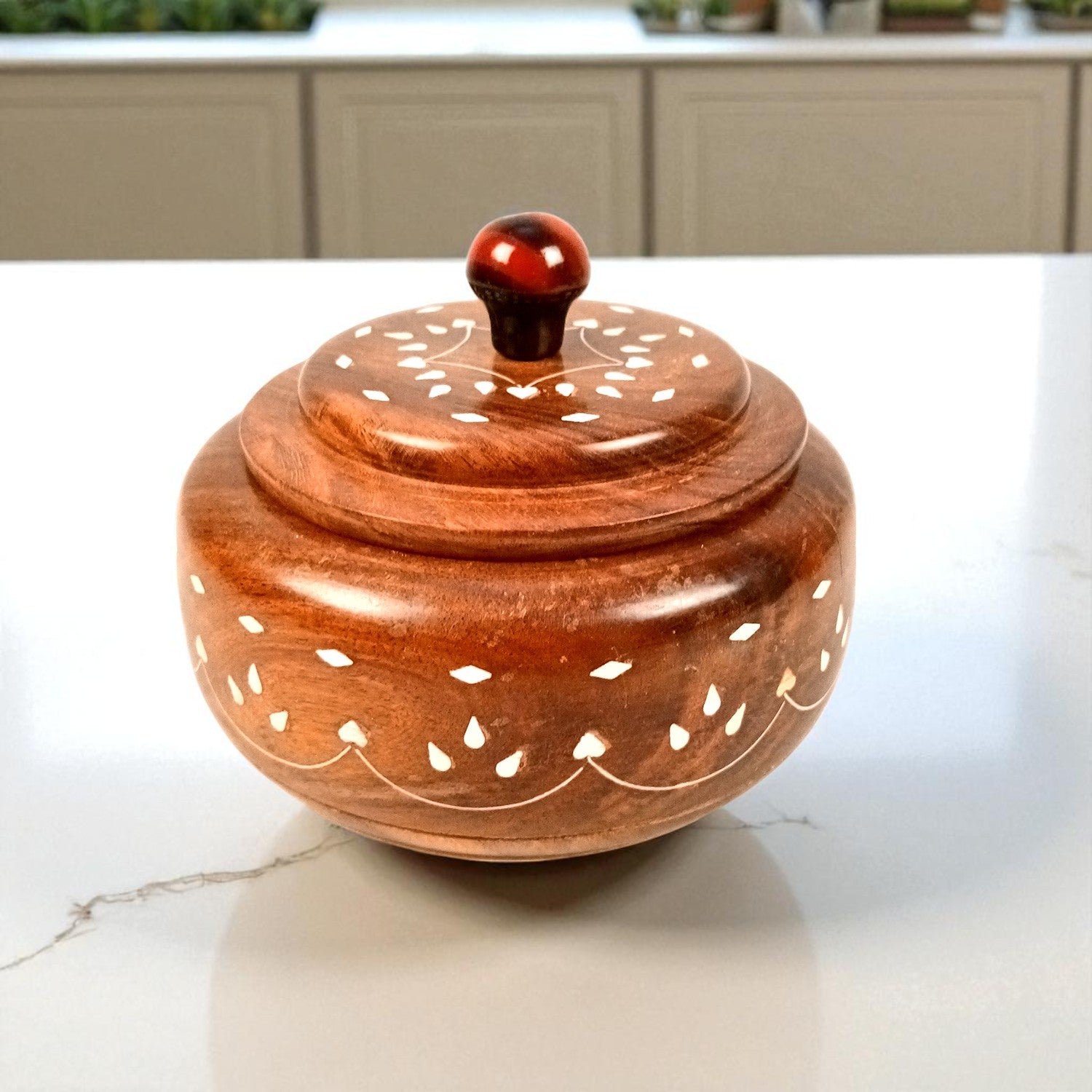 Wooden Dry Fruit Box with Lid | Mukhwas Bowl with Four Compartments - for Kitchen, Serving, Home, Dining Table Decor & Diwali Gifts - 6 Inch - Apkamart