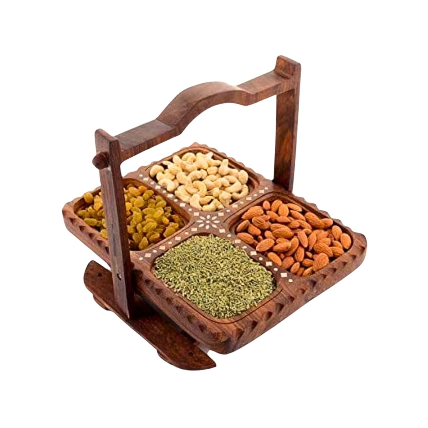 Dry Fruit Tray Folding | Foldable Basket With Handle & 4 compartments - For Serving Chips, Cookies | for Dining Table, Kitchen, Fruits, Gifts Packing - 11 Inch - Apkamart