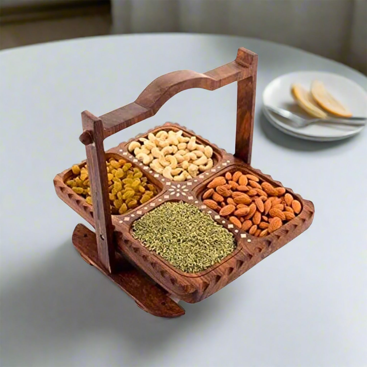 Dry Fruit Tray Folding | Foldable Basket With Handle & 4 compartments - For Serving Chips, Cookies | for Dining Table, Kitchen, Fruits, Gifts Packing - 11 Inch - Apkamart