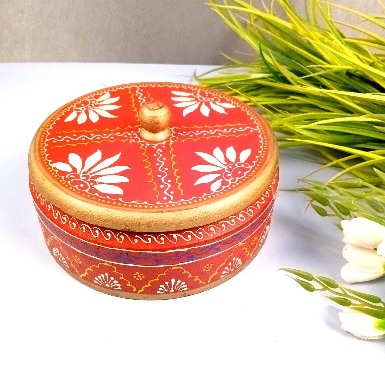 Wooden Dry Fruit Box with Lid | Mukhwas Bowl with Four Compartments - for Kitchen, Serving, Home, Dining Table Decor & Diwali Gifts - 7 Inch - Apkamart #Style_Design 2