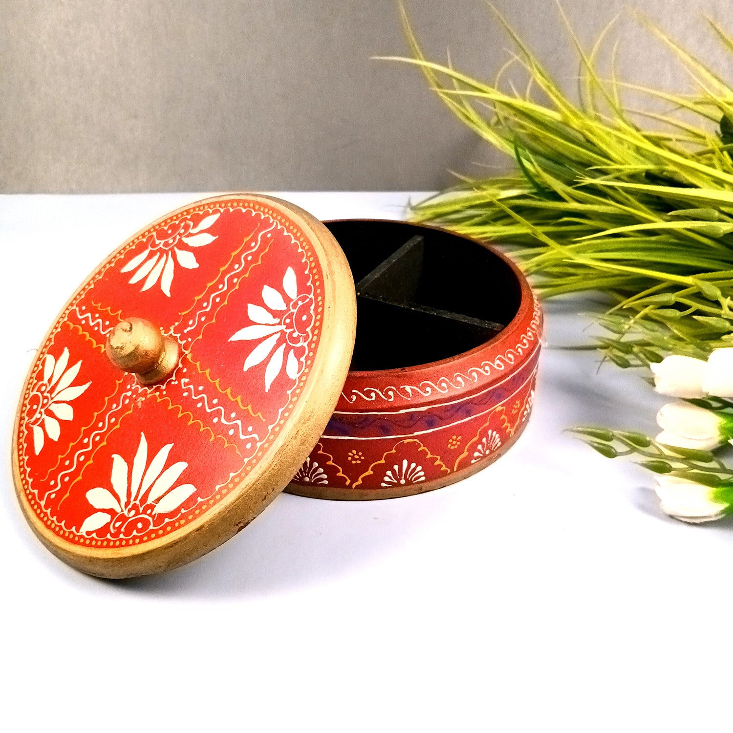 Wooden Dry Fruit Box with Lid | Mukhwas Bowl with Four Compartments - for Kitchen, Serving, Home, Dining Table Decor & Diwali Gifts - 7 Inch - Apkamart #Style_Design 2