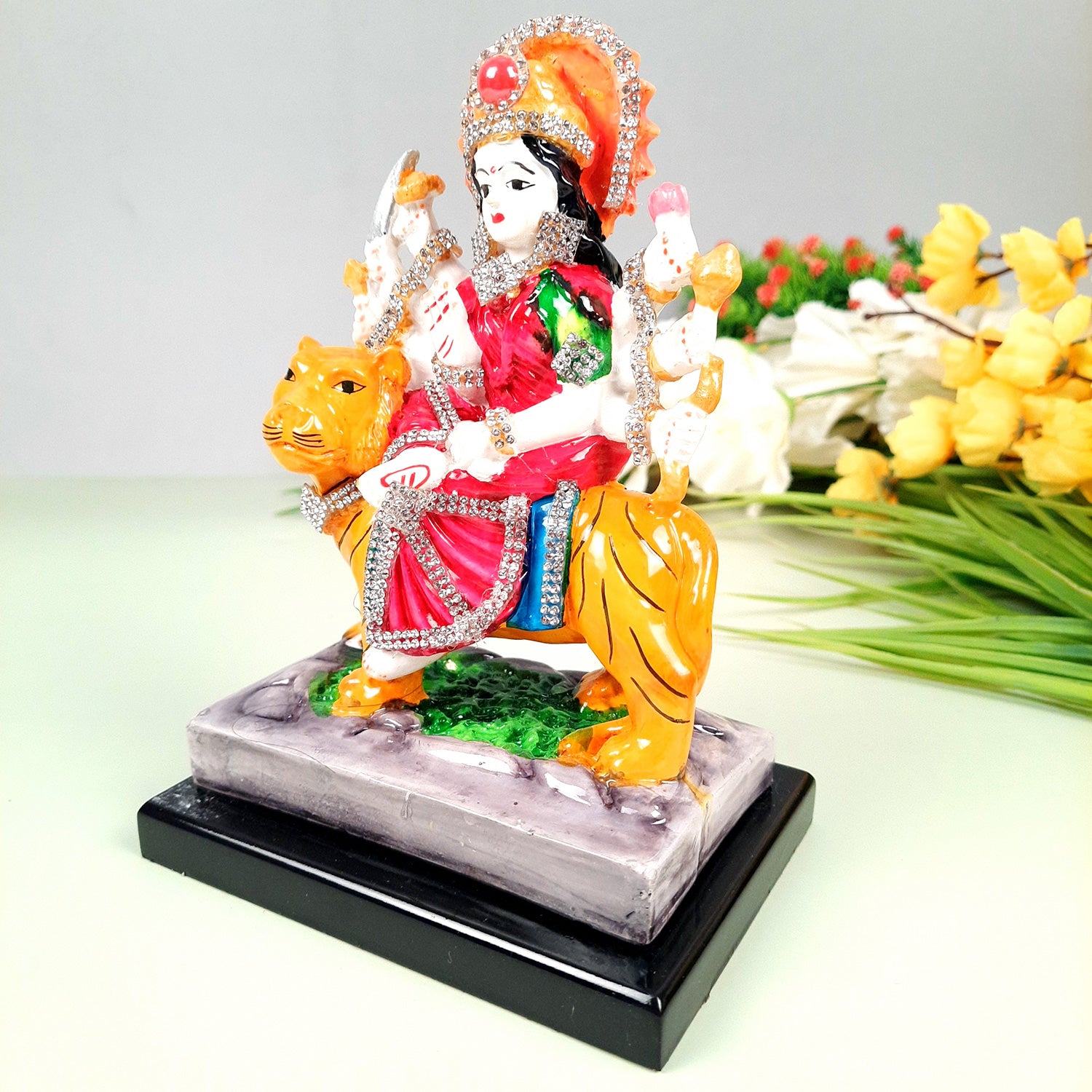 Maa Durga Sitting on Lion Statue | Sherawali Mata Rani Idol Murti - for Home Decor, Puja Room, Office Desk & Gift - 7 Inch