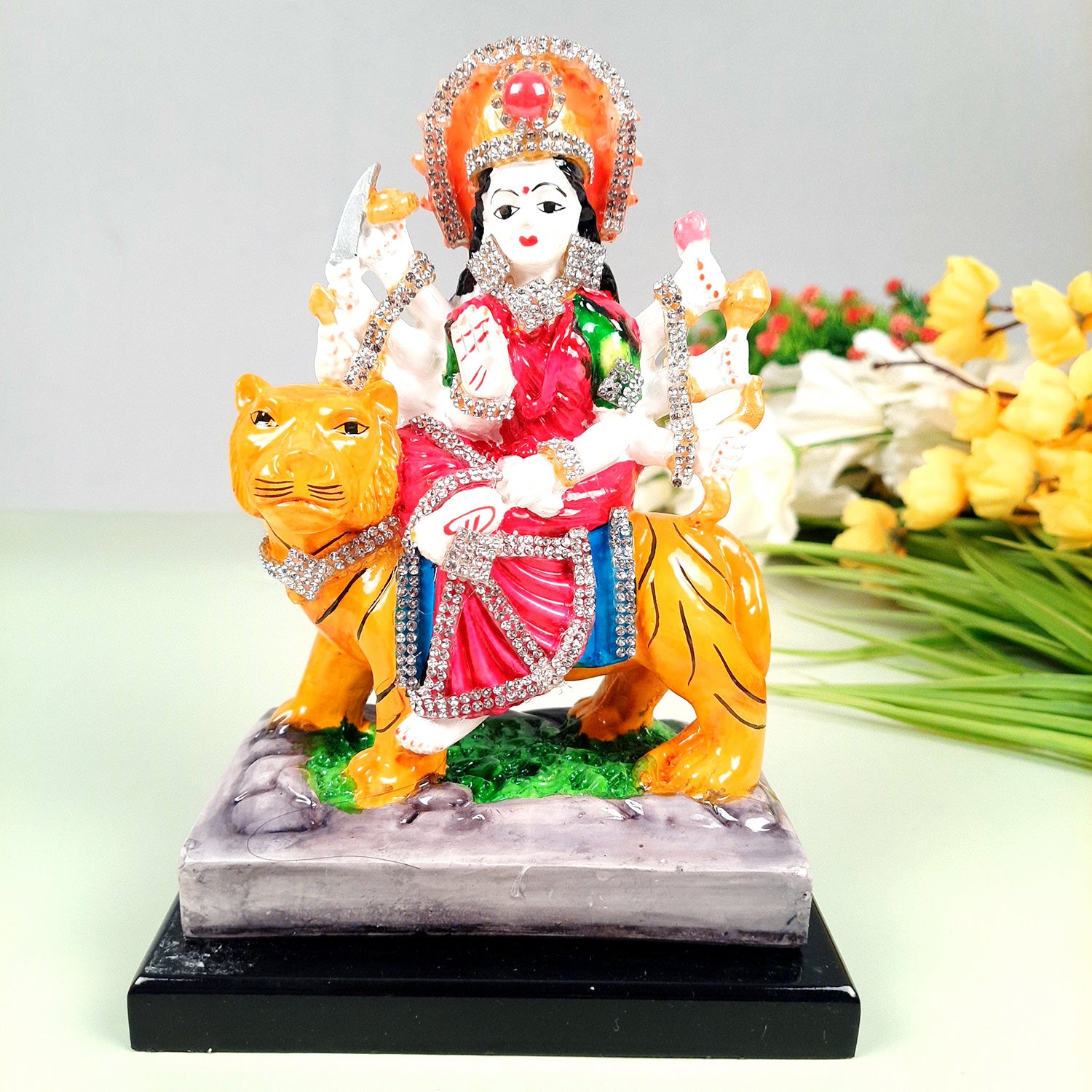 Maa Durga Sitting on Lion Statue | Sherawali Mata Rani Idol Murti - for Home Decor, Puja Room, Office Desk & Gift - 7 Inch