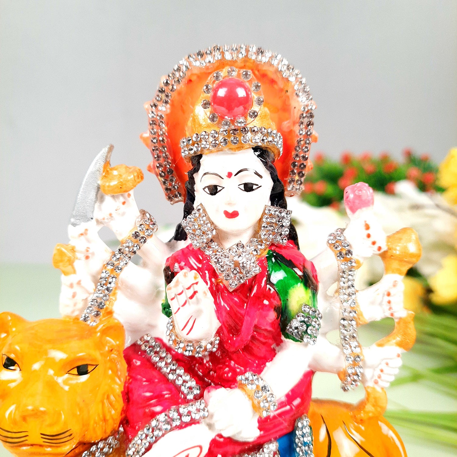 Maa Durga Sitting on Lion Statue | Sherawali Mata Rani Idol Murti - for Home Decor, Puja Room, Office Desk & Gift - 7 Inch