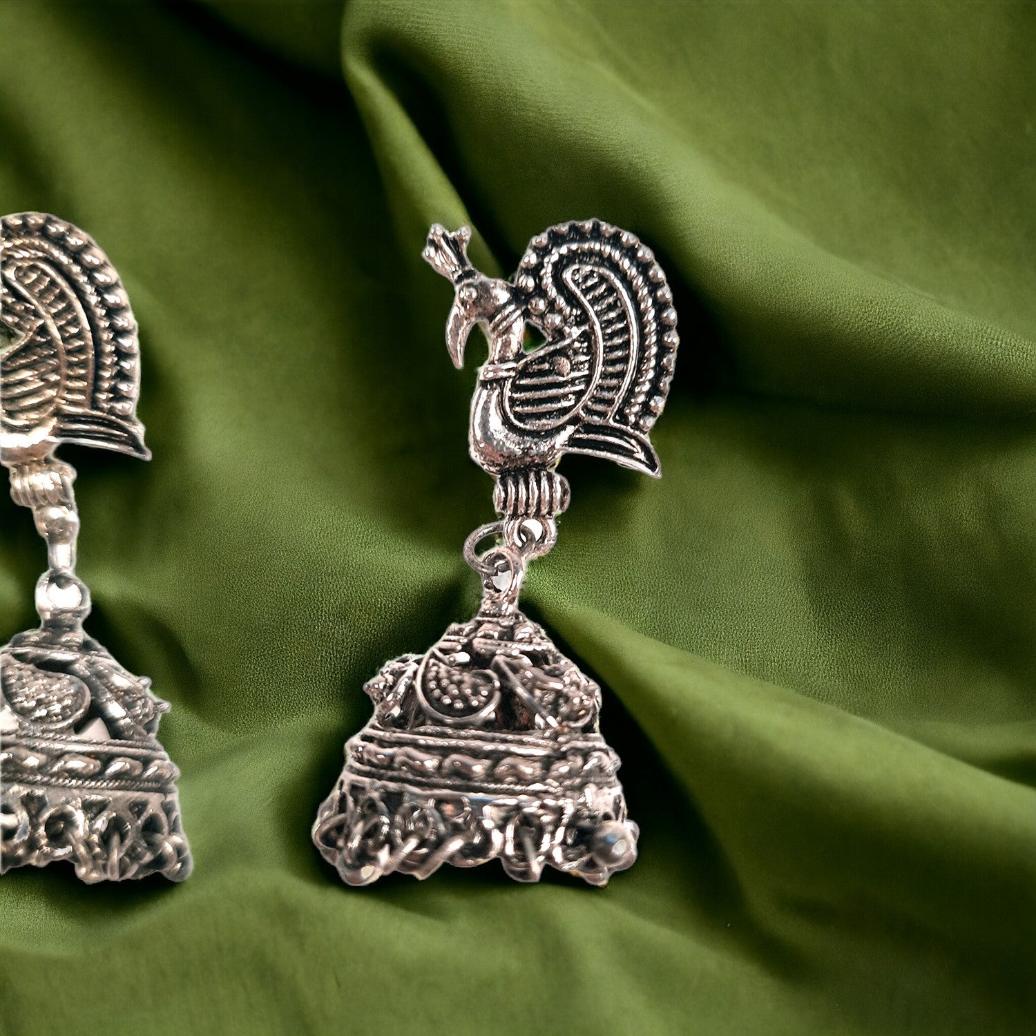 Jhumka Earrings Oxidised Silver Plated for Girls and Women - Peacock Design | Traditional Jewellery | Gifts for Her, Friendship Day, Valentine's Day Gift - Apkamart