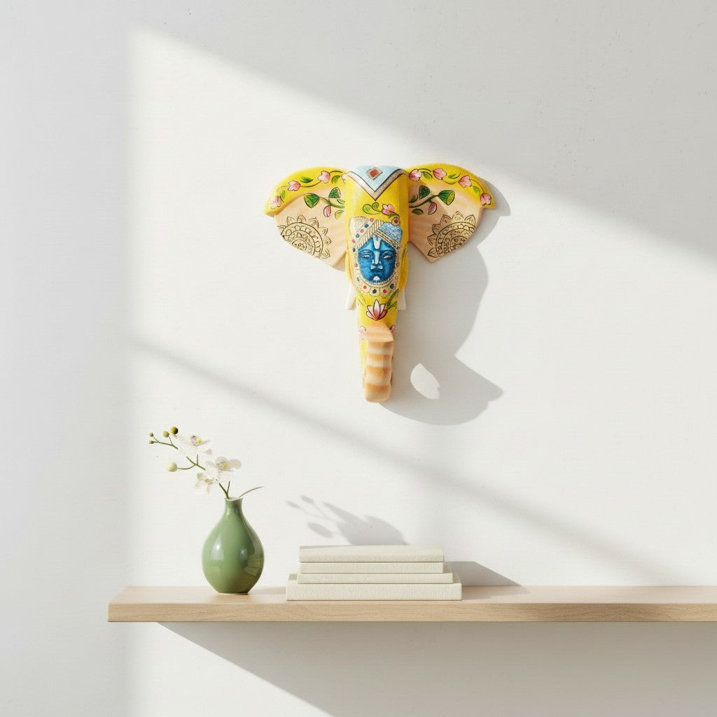 Elephant Head Wall Hanging — Yellow | Krishna Face - 11 Inch - Apkamart