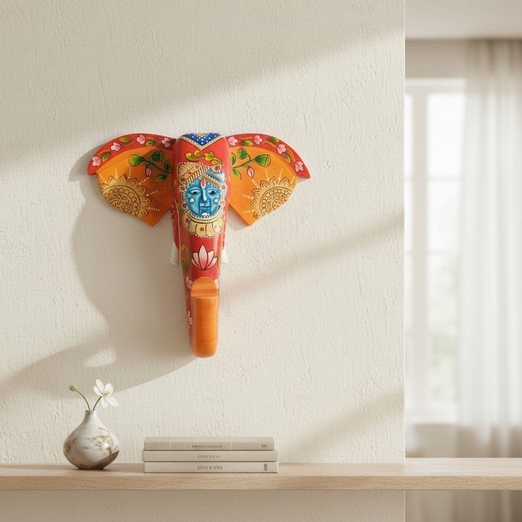 Elephant Head Wall Hanging — Red | Krishna Face - 11 Inch - Apkamart