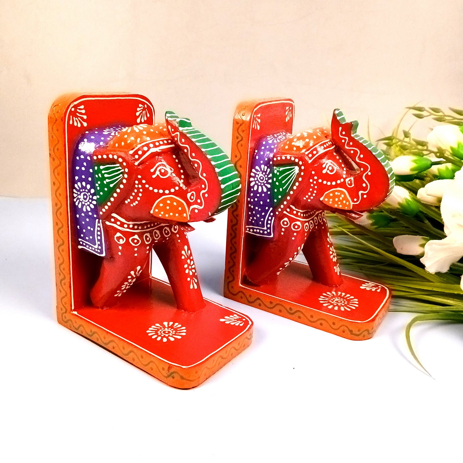 Book Ends - Wooden Elephant Design | Book & Desk Organizer - for Home, Table, Office, Study Kids Room & Gifts - 10 Inch - Apkamart