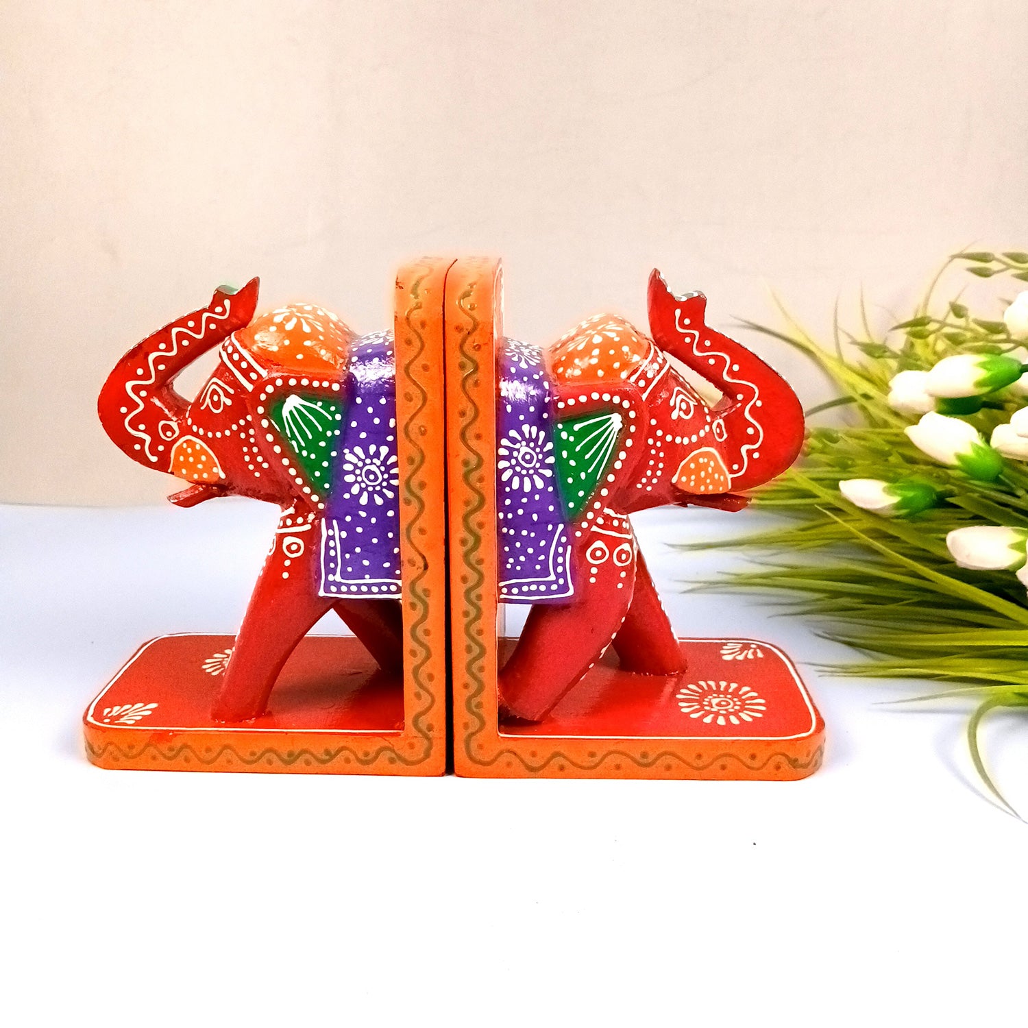 Book Ends - Wooden Elephant Design | Book & Desk Organizer - for Home, Table, Office, Study Kids Room & Gifts - 10 Inch - Apkamart