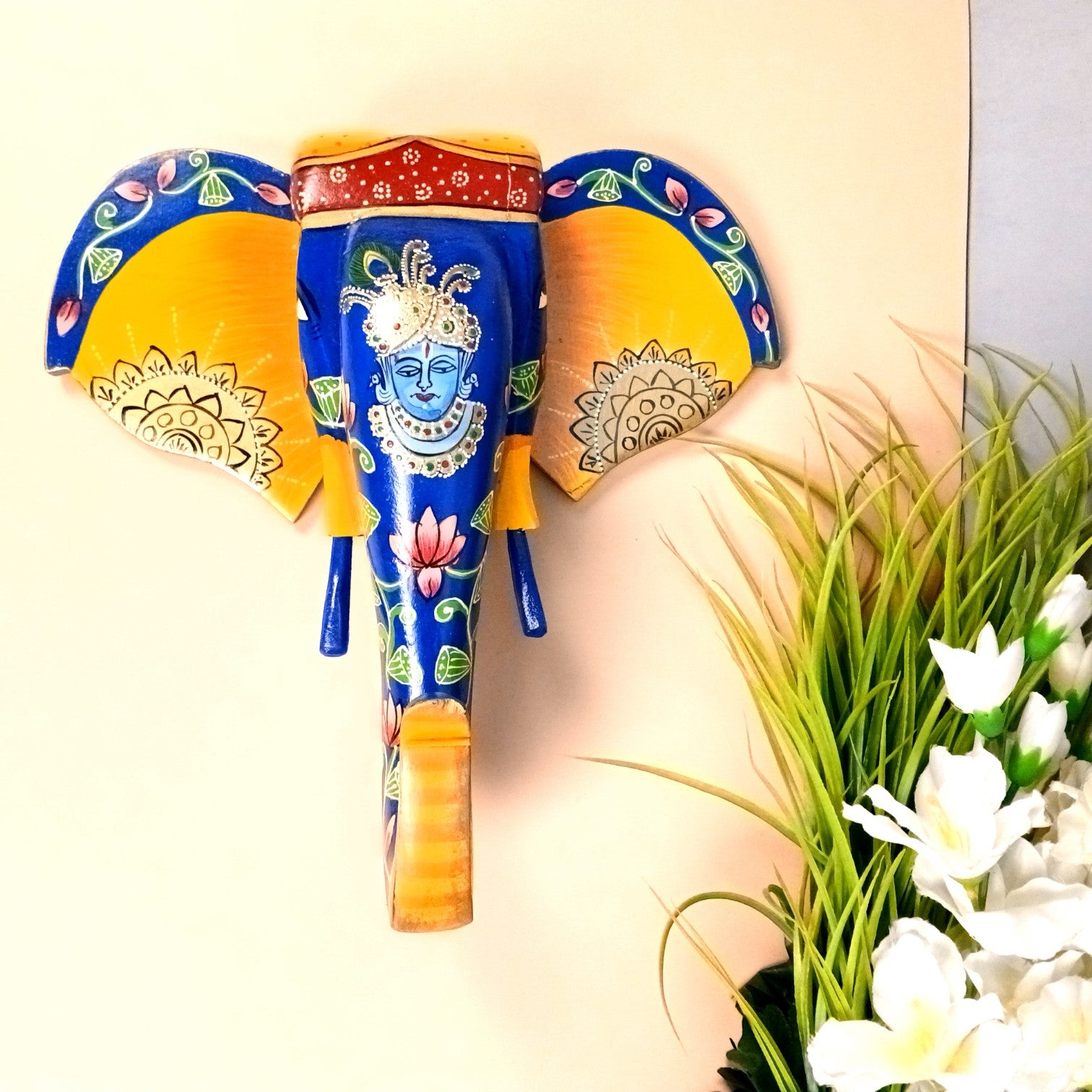 Elephant Head Wall Hanging | Wooden Handcrafted Elephant Face Wall Decor | Ethnic Rajasthani Showpiece for Home & Gifting - 14 Inch - Apkamart #Style_Design 1