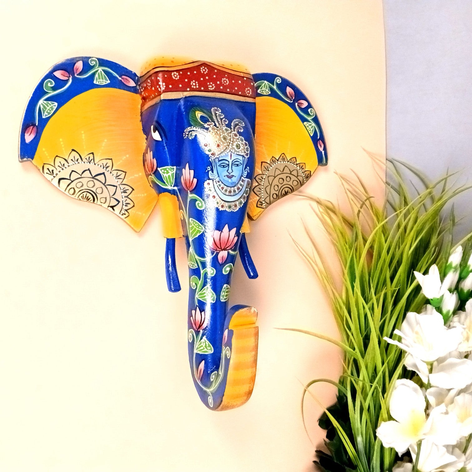 Elephant Head Wall Hanging | Wooden Handcrafted Elephant Face Wall Decor | Ethnic Rajasthani Showpiece for Home & Gifting - 14 Inch - Apkamart #Style_Design 1