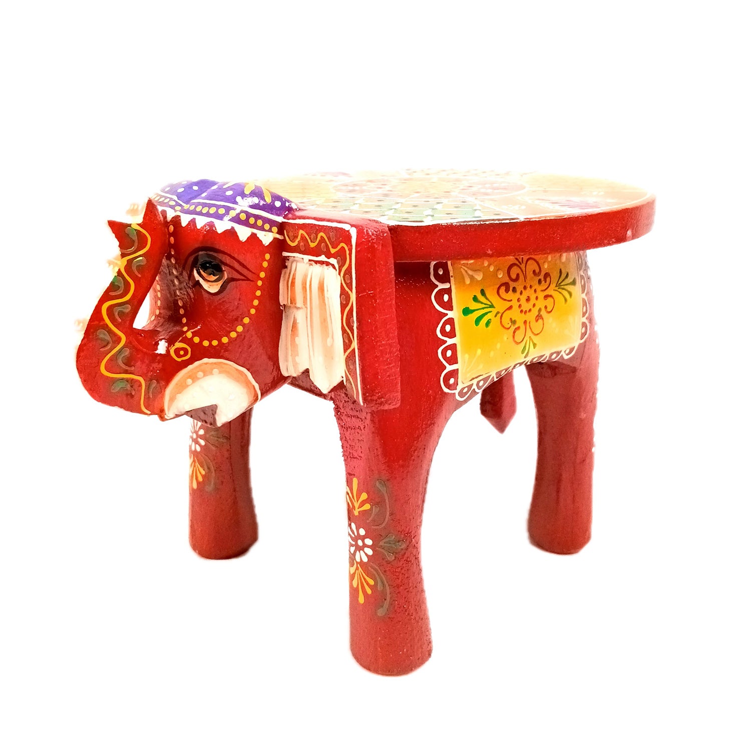 Elephant Showpiece - Stool Design | Elephant Table Showpiece - for Placing Small Pots & Tea Lights - for Home, Living Room Decor & Gifts - 9 Inch (Red, Wood) - Apkamart #Style_Pack Of 1