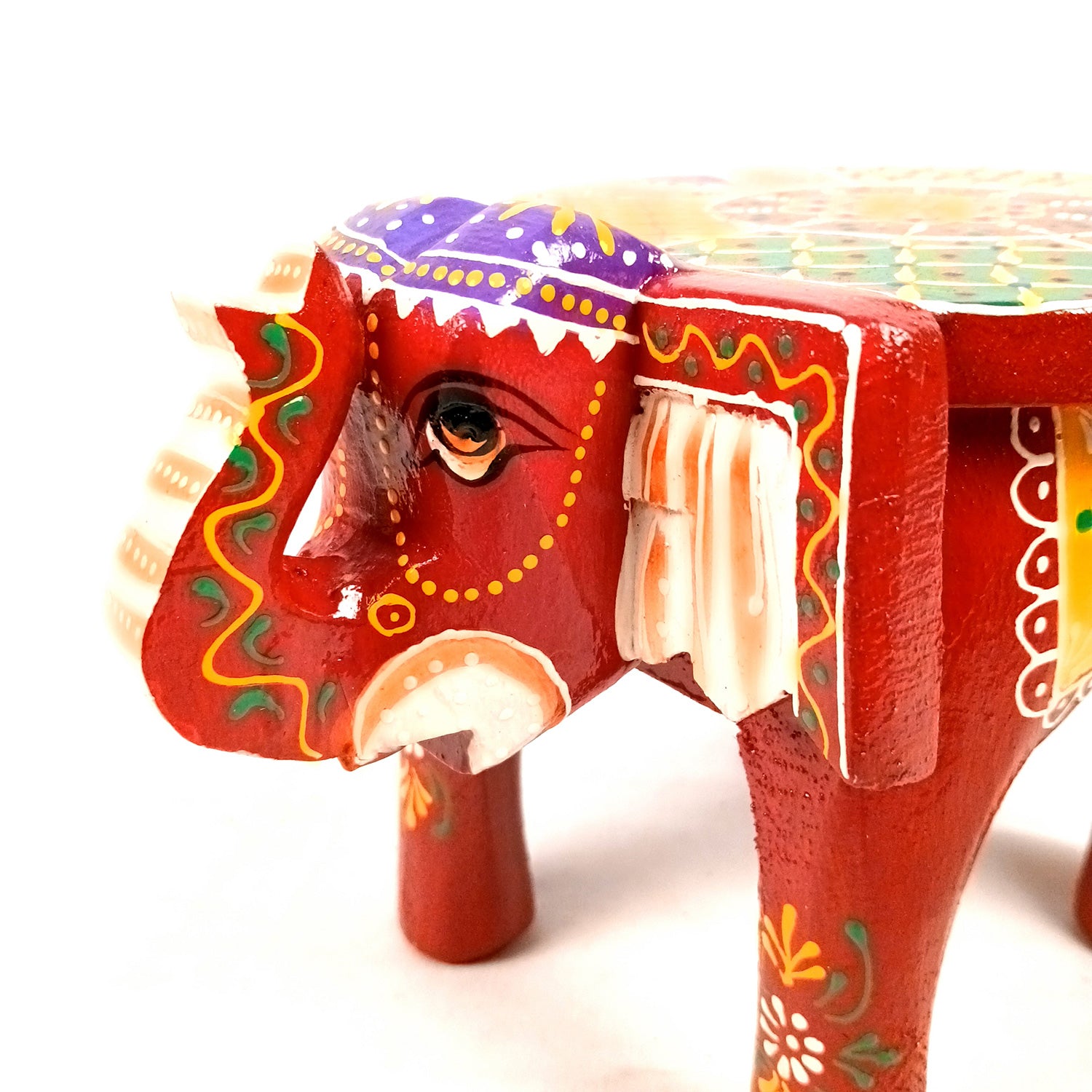 Elephant Showpiece - Stool Design | Elephant Table Showpiece - for Placing Small Pots & Tea Lights - for Home, Living Room Decor & Gifts - 9 Inch (Red, Wood) - Apkamart #Style_Pack Of 1