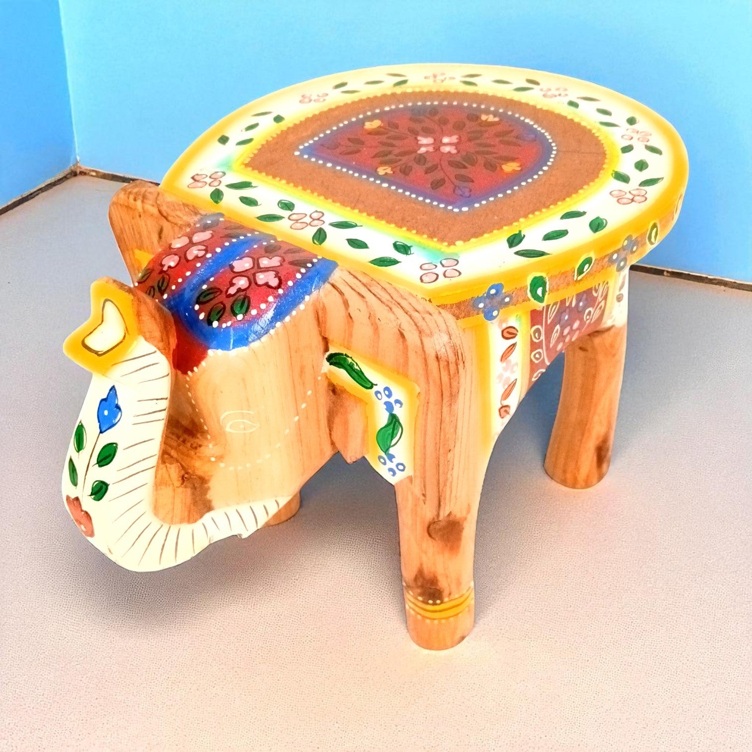 Handcrafted Wooden Elephant Stool | Decorative Elephant Shaped Table | Traditional Wooden Decor Stool for Living Room, Bedroom & Gift - 6 Inch - Apkamart